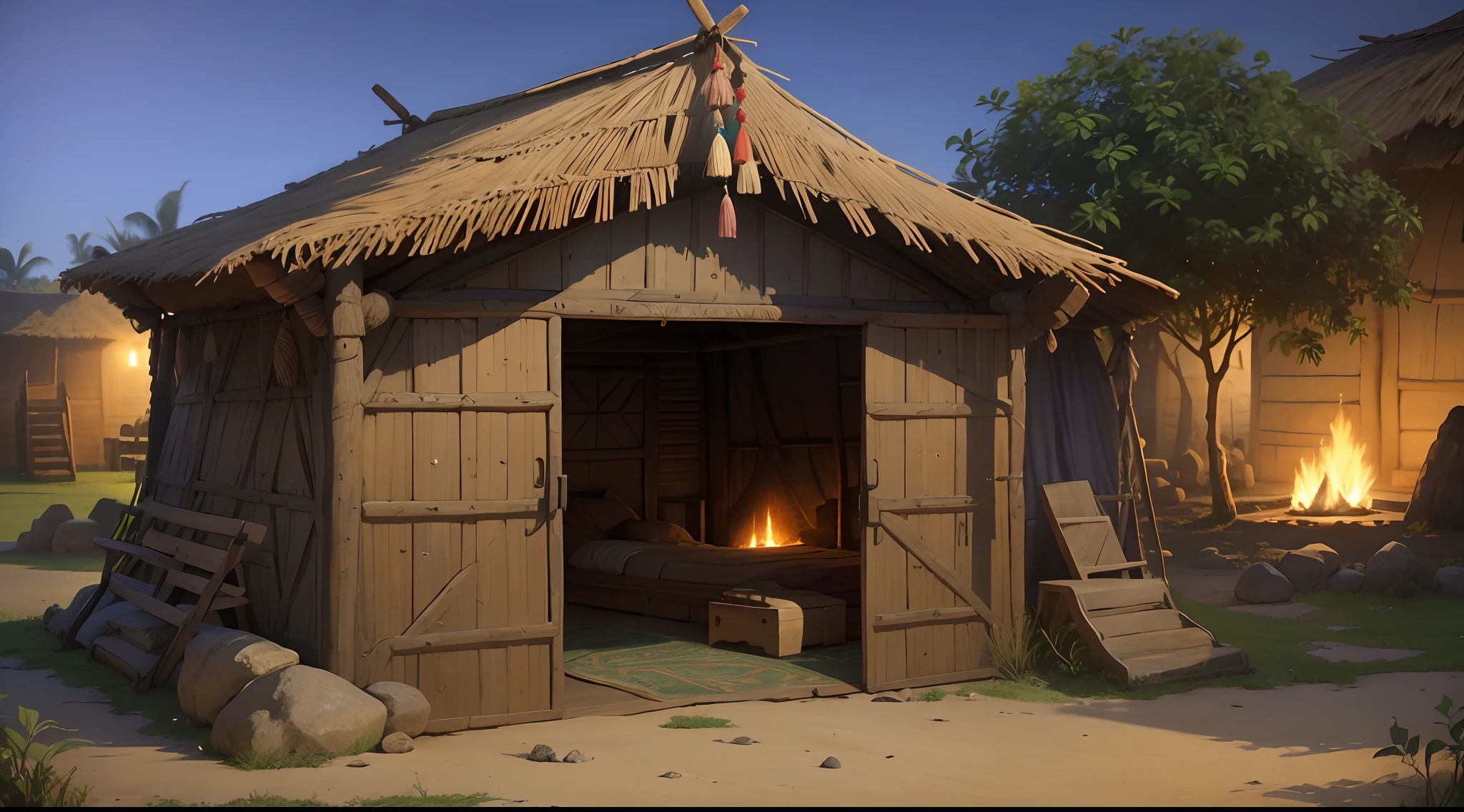 West African camp for exchange, vulgar, indigenous, 5th century, ancient, exterior, West African style, Ashanti or Mpinda or Congo style, indigenous pattern, simple, vulgar, no man, no woman, no girl, no boy, no person