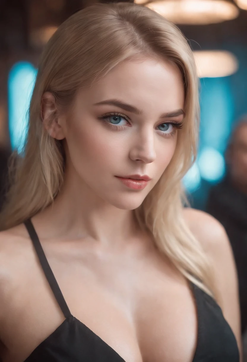 realistic white female influencer on instagram, Best Quality, blonde, 1 girl, Cyan eyes, in a short black bodycon dress in a club (((Huge-breasts,Puffy chest))