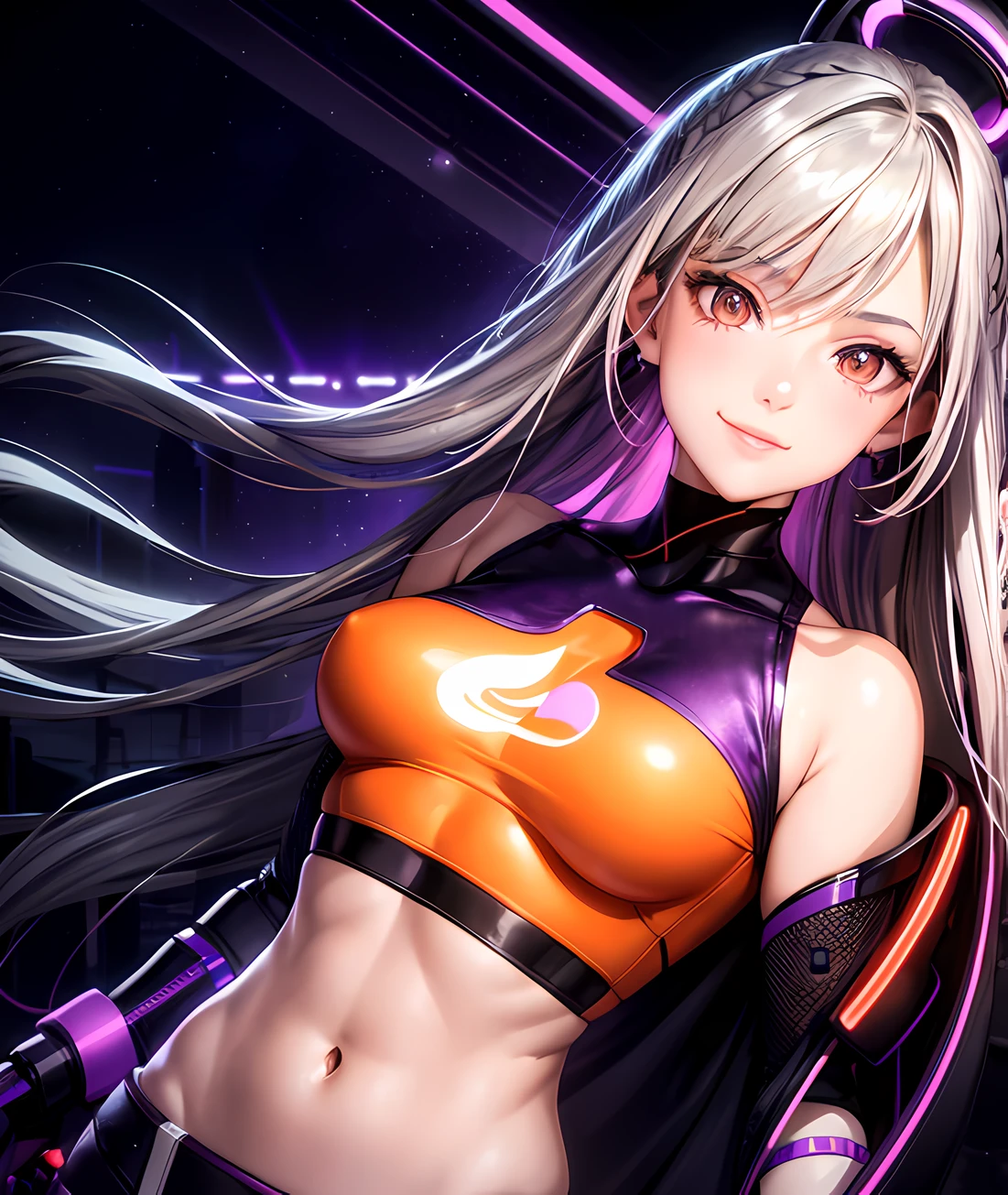 masterpiece, best quality, beautiful lighting, 1 girl, gray hair, (orange eyes), crop top, (purple neon lights), upper body, smile, futuristic room, (night:1.8), (cowboy shot:1.2), realistic, t shirt
