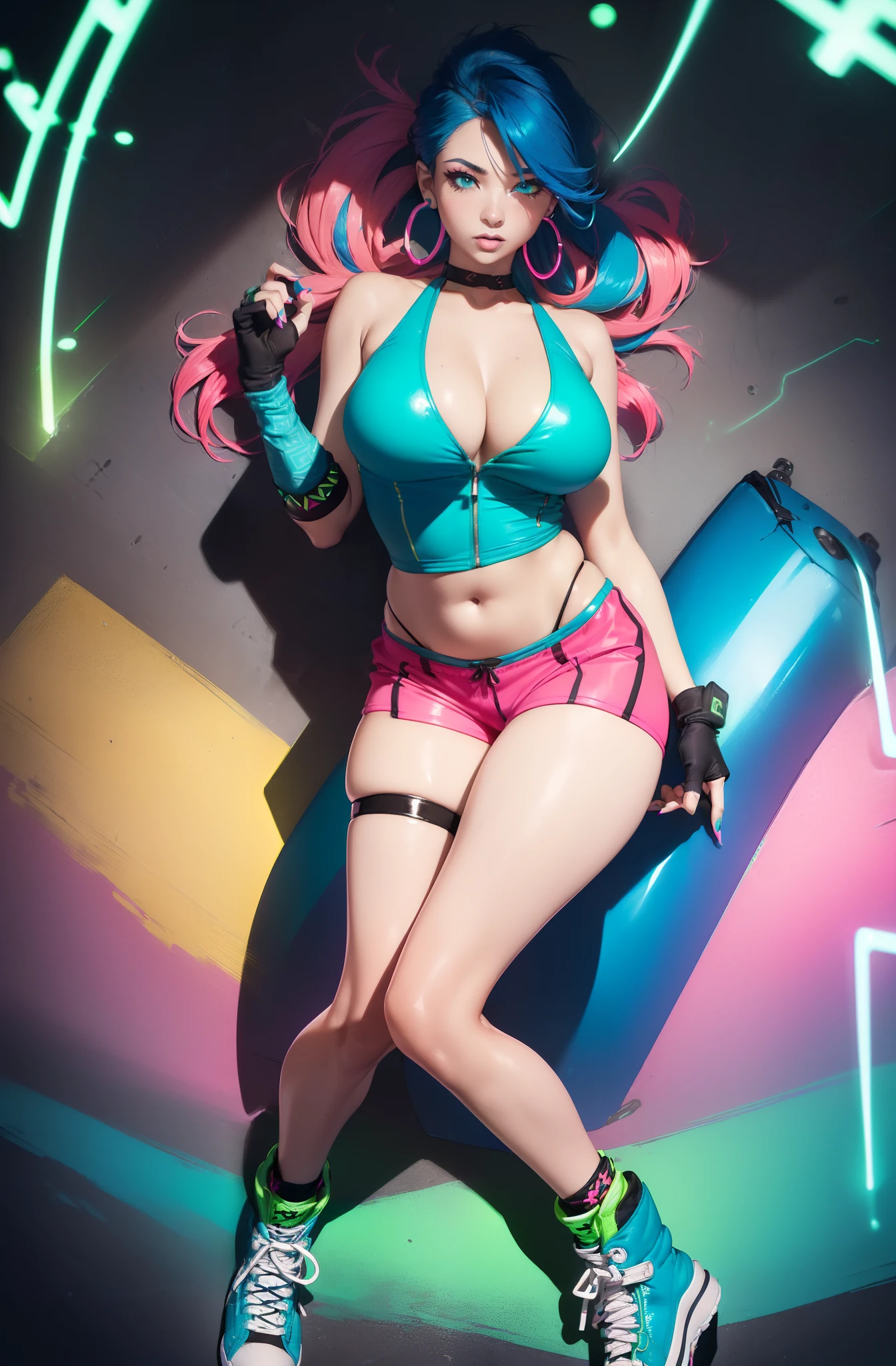 ((masterpiece, best quality, cinematic, photorealistic, ultra-detailed)), ((medium shot shot, from above)), ((alluring girl)), ((voluptuous body, perfect anatomy, sexy body)), ((glossy red skin, hot and sexy)), ((perfect hands)), ((large breasts)), ((long round legs)), ((detailed and shiny hair, bold electric blue hair color, sleek and straight hairstyle)), ((wearing sando, in black with neon green geometric patterns color:1.2)), ((wearing pekpek shorts, in neon pink with electric blue accents:1.3)), ((fingerless gloves in neon green, statement hoop earrings with electric blue details, high-top sneakers in a vibrant electric blue:1.4)), ((sensual pose, lying face down))