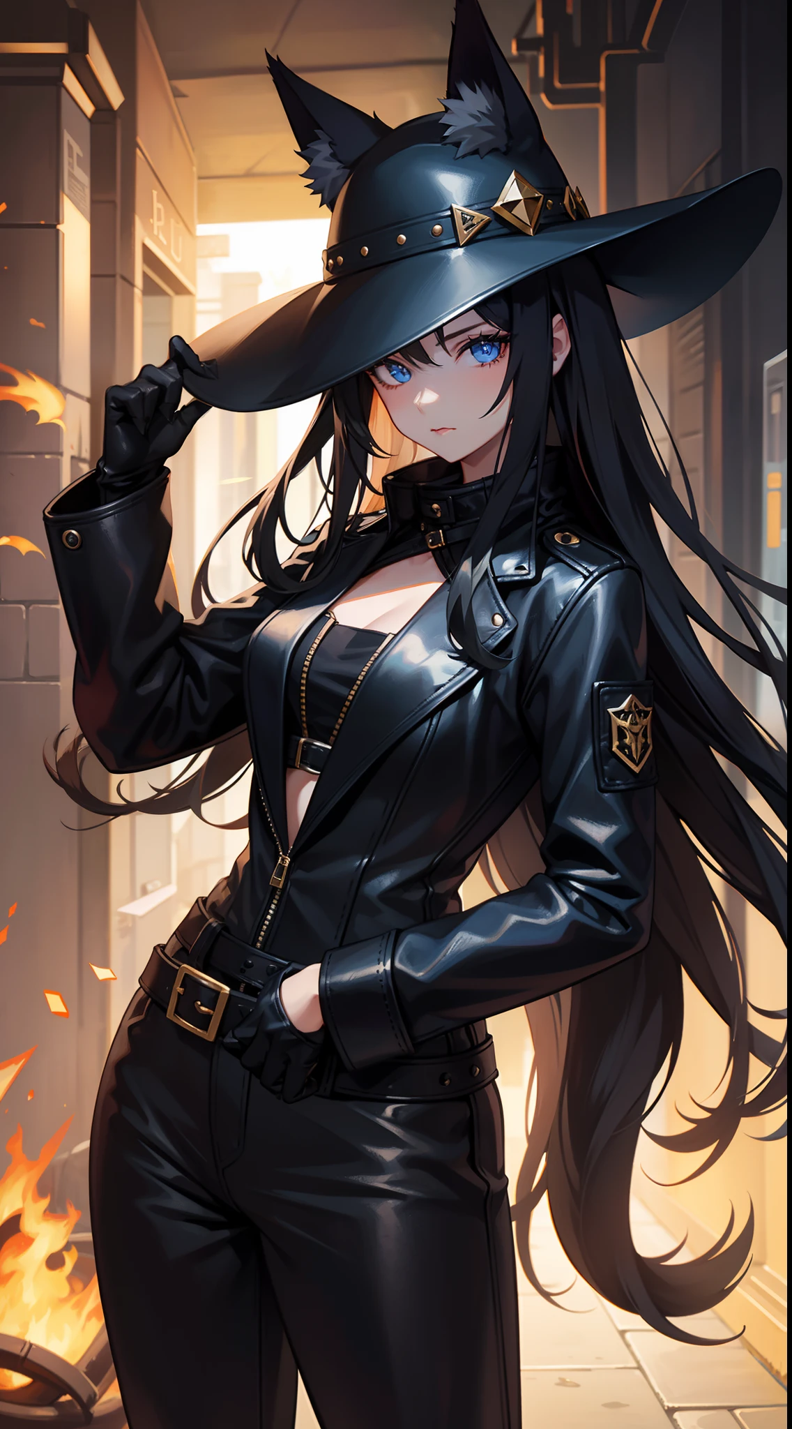 Young girl, long black hair, fox ears, blue eyes, leather coat, hat, pants, claws, smoke, hiquality, 4k, HD, Good detail