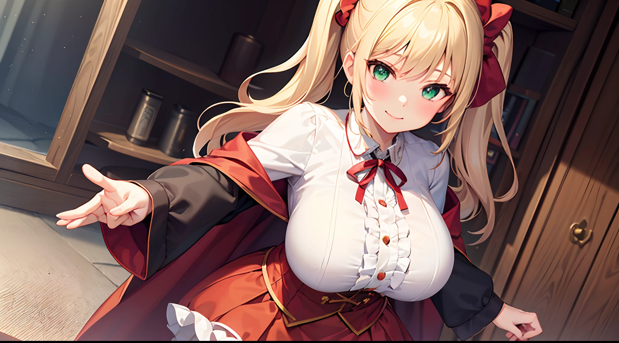 1 girl, game CG, 1 girl, game CG, frilled white shirt, short red skirt, cloak, top hat, neck ribbon, hair scrunchie, gigantic breasts, blonde, middle hair, side ponytail, green eyes, indoors, Halloween background, blush, smile,