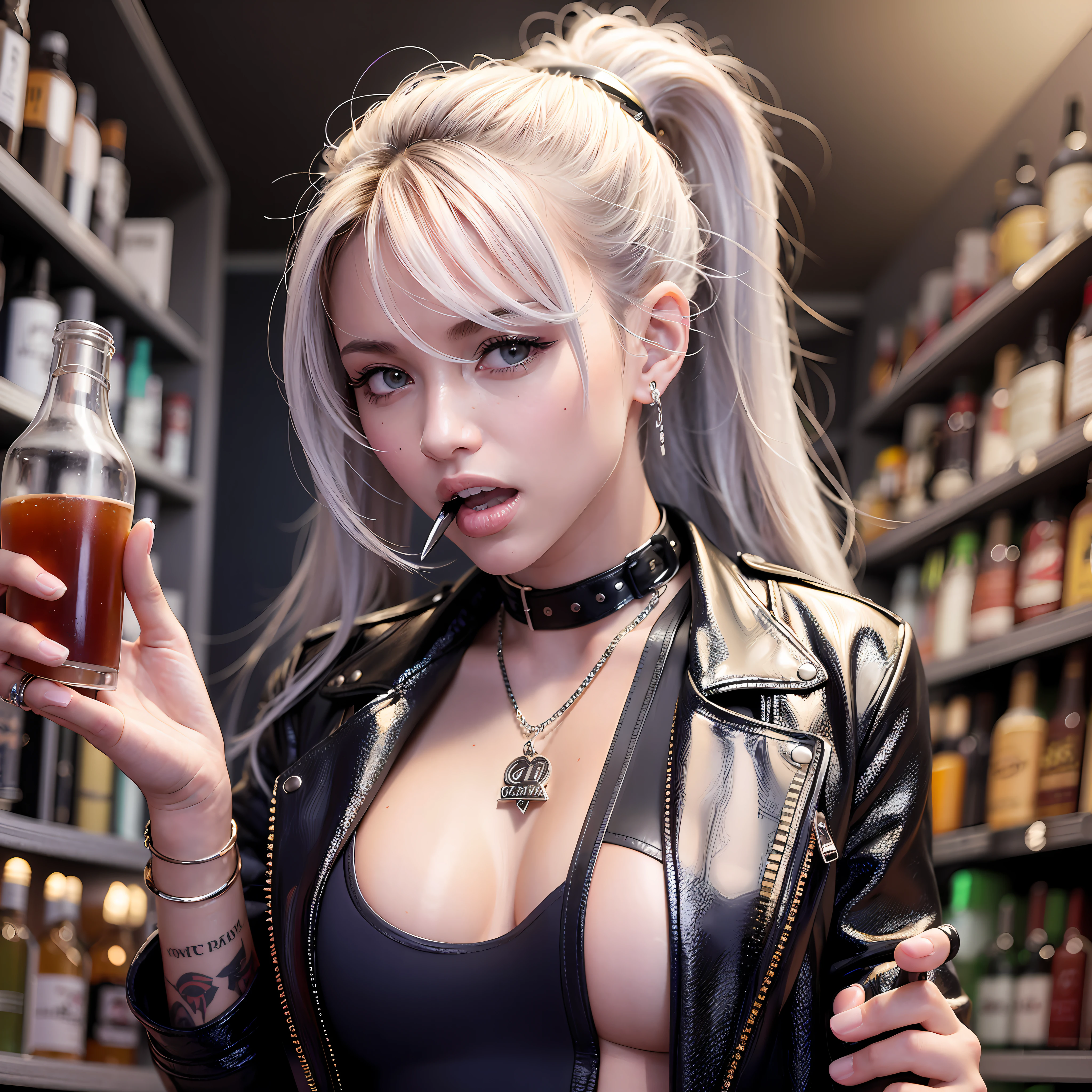 Top quality, 8K, Realistic, raw photo, Young cute, sexy girl drinking and laughing with big mouth open in a nightclub full of young female customers, dressed like a revealing punk rocker, wearing a silver leather jacket, tattoos on neck and shoulders, big, lots of high-end looking liquor bottles of various brands on the shelves