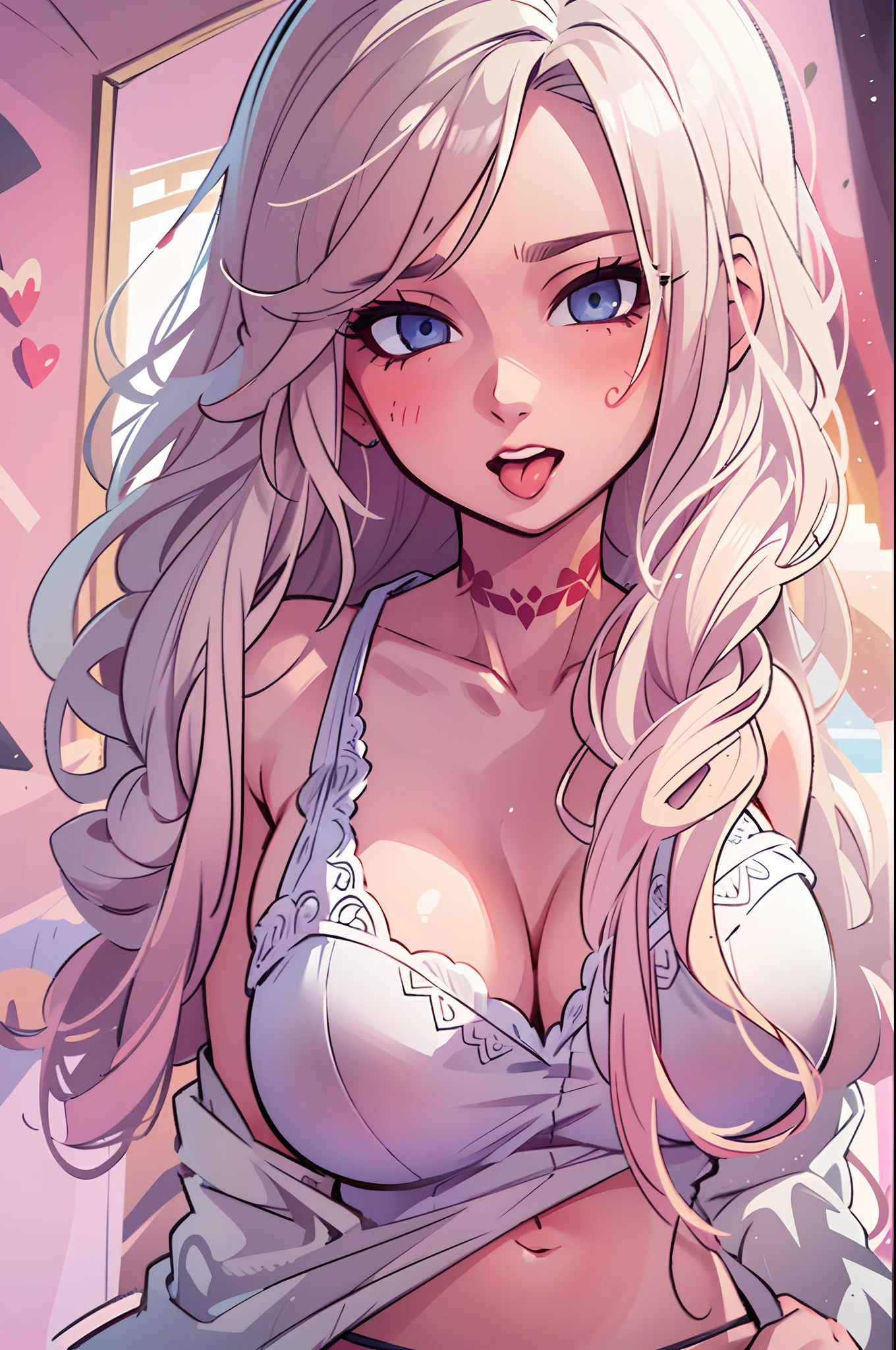 whaite hair,long whitr hair,Beautiful detailed eyes,beautiful detailed lips,Extremely detailed eyes and face,Royal Sister，Beautiful figure,Sensual,White skin,womb tattoo，Tease underwear，big breasts exposed cleavage，Ultimate figure，Orgasmic face，Be red in the face，Stick out your tongue