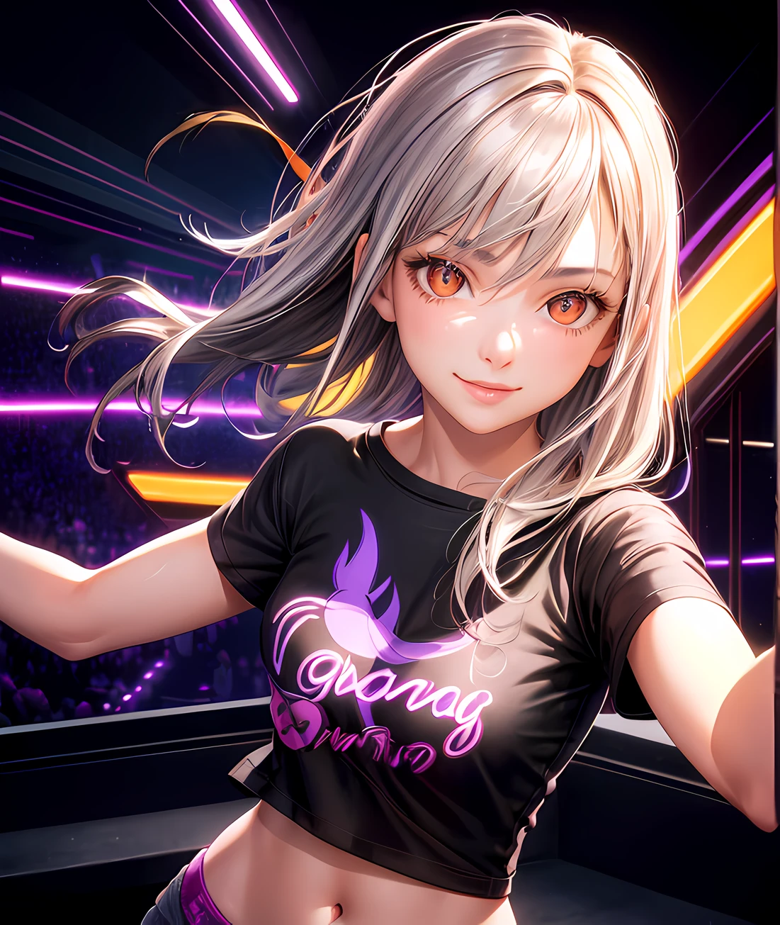masterpiece, best quality, beautiful lighting, 1 girl, gray hair, (orange eyes:1.1), (purple neon lights), upper body, smile, futuristic room, (night:1.8), (cowboy shot:1.2), realistic, (t shirt:1.4), midriff, portrait