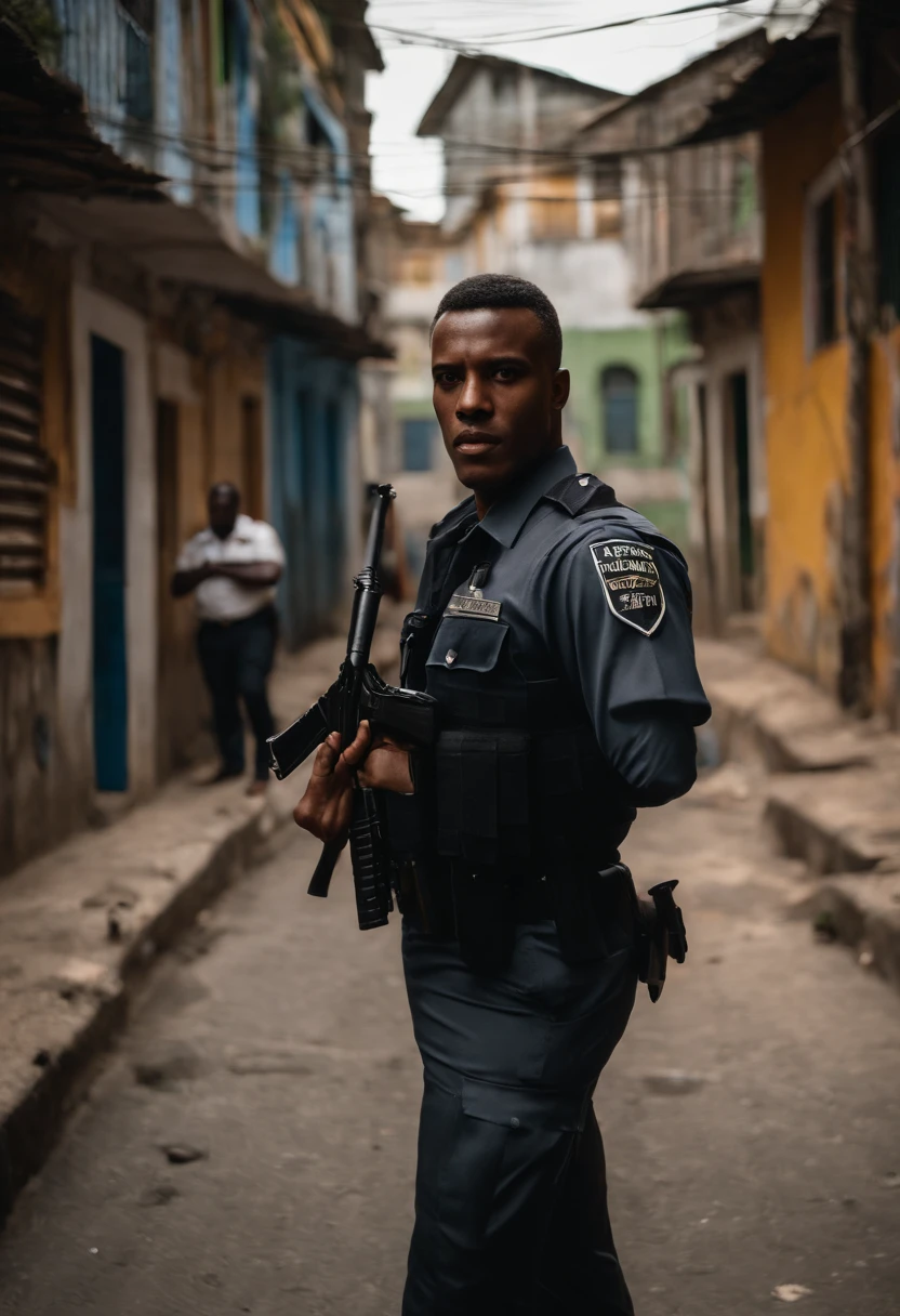 In the heart of Rio de Janeiro, a tall Afro-Brazilian police officer, standing at 1.80 meters, with a bald head, slender build, and distinct Afro-centric features, is captured in a high-intensity moment. Dressed in a dark gray uniform with long sleeves, he wields a rifle, eyes locked onto an outlaw just a few meters away. The air is thick with tension as bullets fly between them. The backdrop is a vivid portrayal of a community known for its dominance by a violent criminal faction, with the favela's unique architecture and murals bearing silent witness to the confrontation. Medium: Photography. Style: Hyper-realistic with a raw, action-packed essence. Lighting: Harsh midday sun, casting sharp shadows and highlighting the dust kicked up by the skirmish. Colors: Dominated by the officer's dark gray uniform, contrasted with the vibrant hues of the favela. Composition: Shot with a Canon EOS 5D Mark IV DSLR camera, EF 85mm f/1.8 STM lens, Resolution 30.4 megapixels, ISO sensitivity: 800, Shutter speed 1/500 second, capturing the fierce determination on the officer's face and the imminent danger of the situation. --ar 16:9 --v 5.1 --style raw --q 2 --s 750
📸 Prompt Option 2:
Amidst the narrow alleys of a Rio de Janeiro community, an Afro-Brazilian police officer, 1.80 meters tall, bald, with a lean physique and pronounced African features, is in the heat of a gunfight. Clad in a long-sleeved dark gray uniform and armed with a rifle, he takes aim at a lawbreaker positioned just meters away. The atmosphere is electric, with the sounds of gunfire echoing off the walls of the favela, which is under the shadow of a notorious criminal gang. Medium: Photography. Style: Ultra-realistic, capturing the adrenaline and urgency of the moment. Lighting: Intermittent shadows cast by the favela structures, with sunlight glinting off the officer's rifle. Colors: A mix of the dark gray of the officer's uniform and the rich, varied colors of the community buildings. Composition: Captured