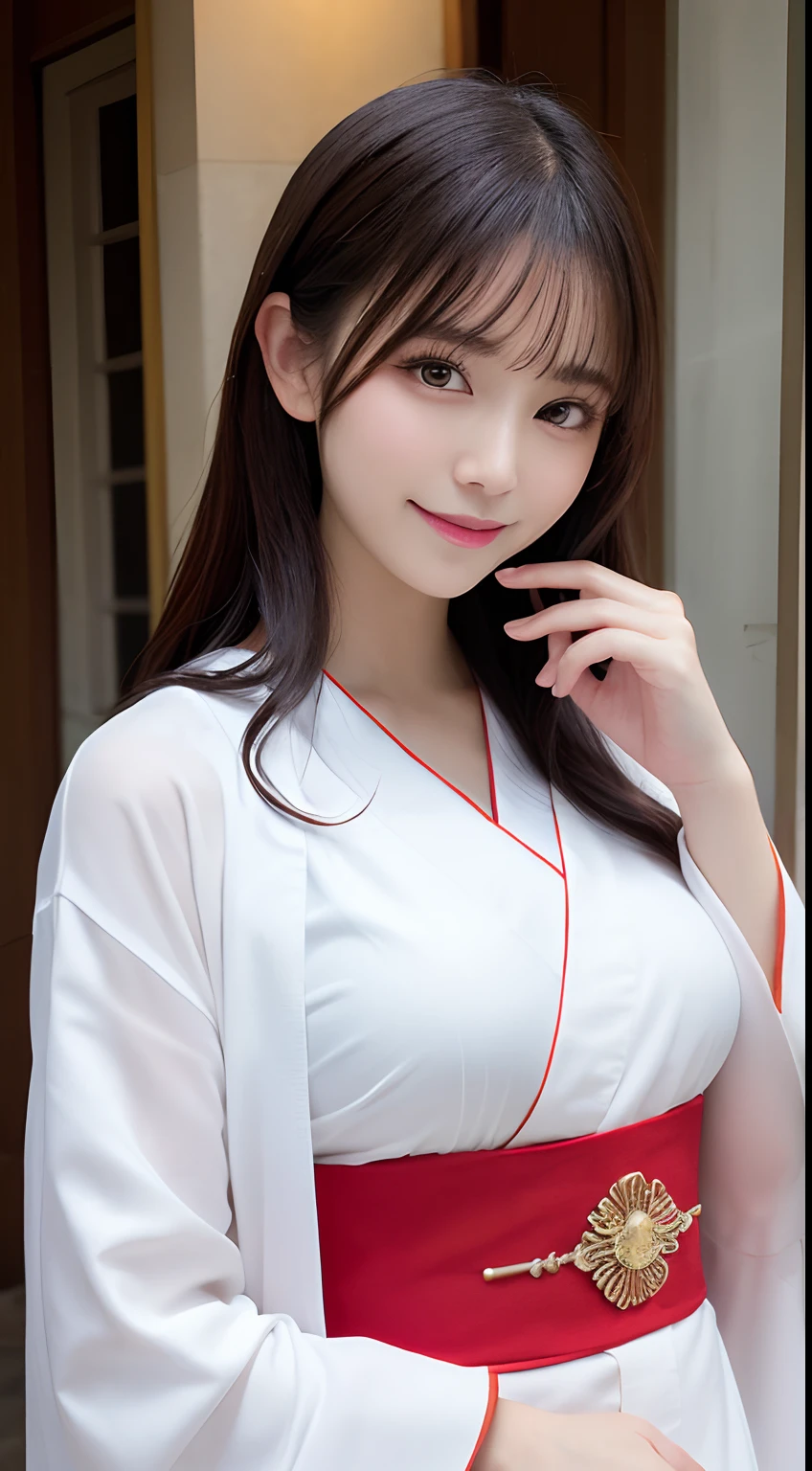 masutepiece, Best Quality, Illustration, Ultra-detailed, finely detail, hight resolution, 8K Wallpaper, Perfect dynamic composition, Beautiful detailed eyes,Miko Hair, small tits, Natural Color Lip, Random and cute poses,Smile,Ise Jingu,Kimono(Wear a priestess costume),Perfect and beautiful face,Slender body,Slender face