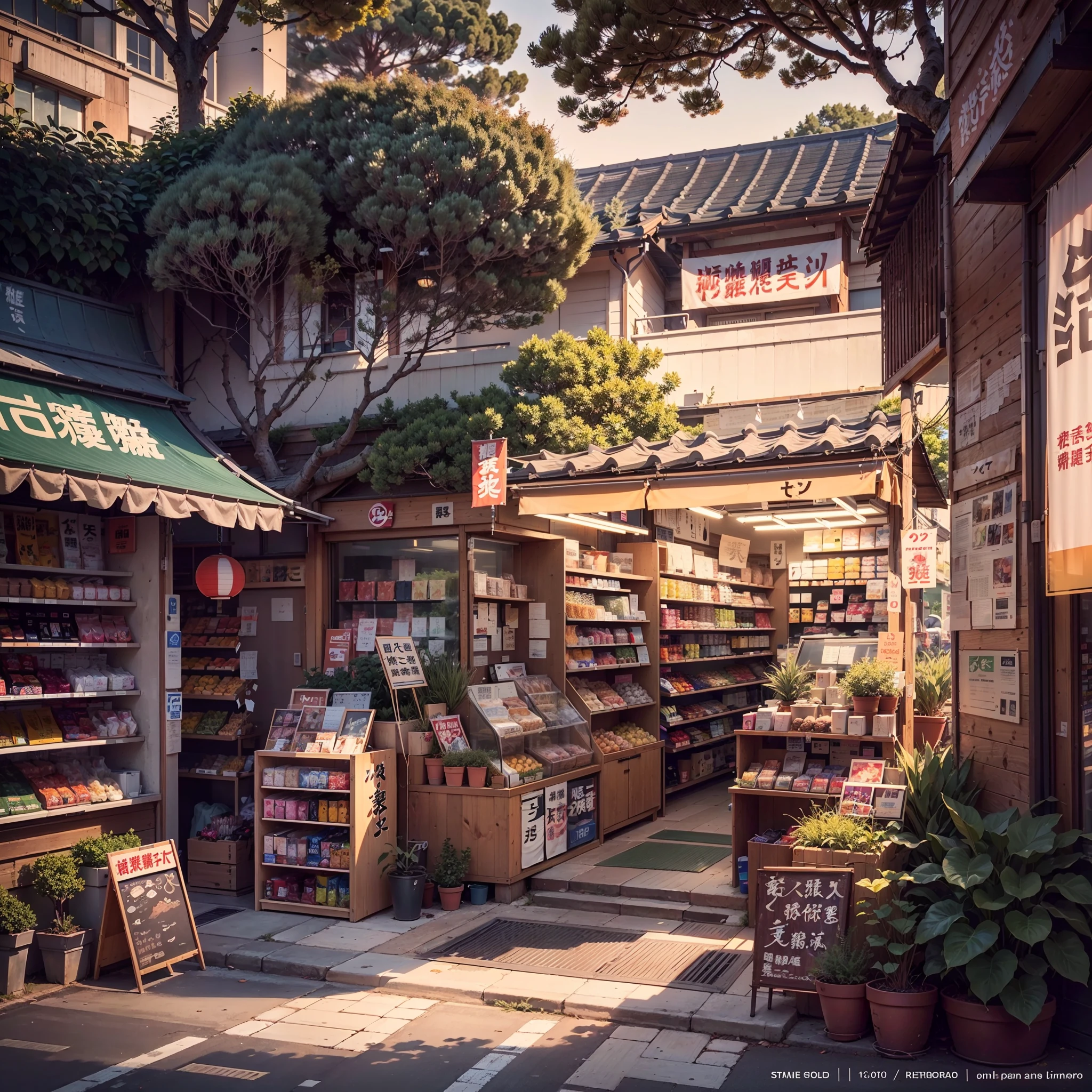 anime background, anime wallpaper, anime, anime style, lofi, lofi style, modern japanese street, modern japanese architecture, japanese convenience store, big retro japanese shop signs, retro japanese store, trees, plants, rocks, plant pots, shop signs, japanese banners, japanese signs, flags, sunrise, golden hour, golden lighting, empty street, no one in sight, (no one: 1), best quality
