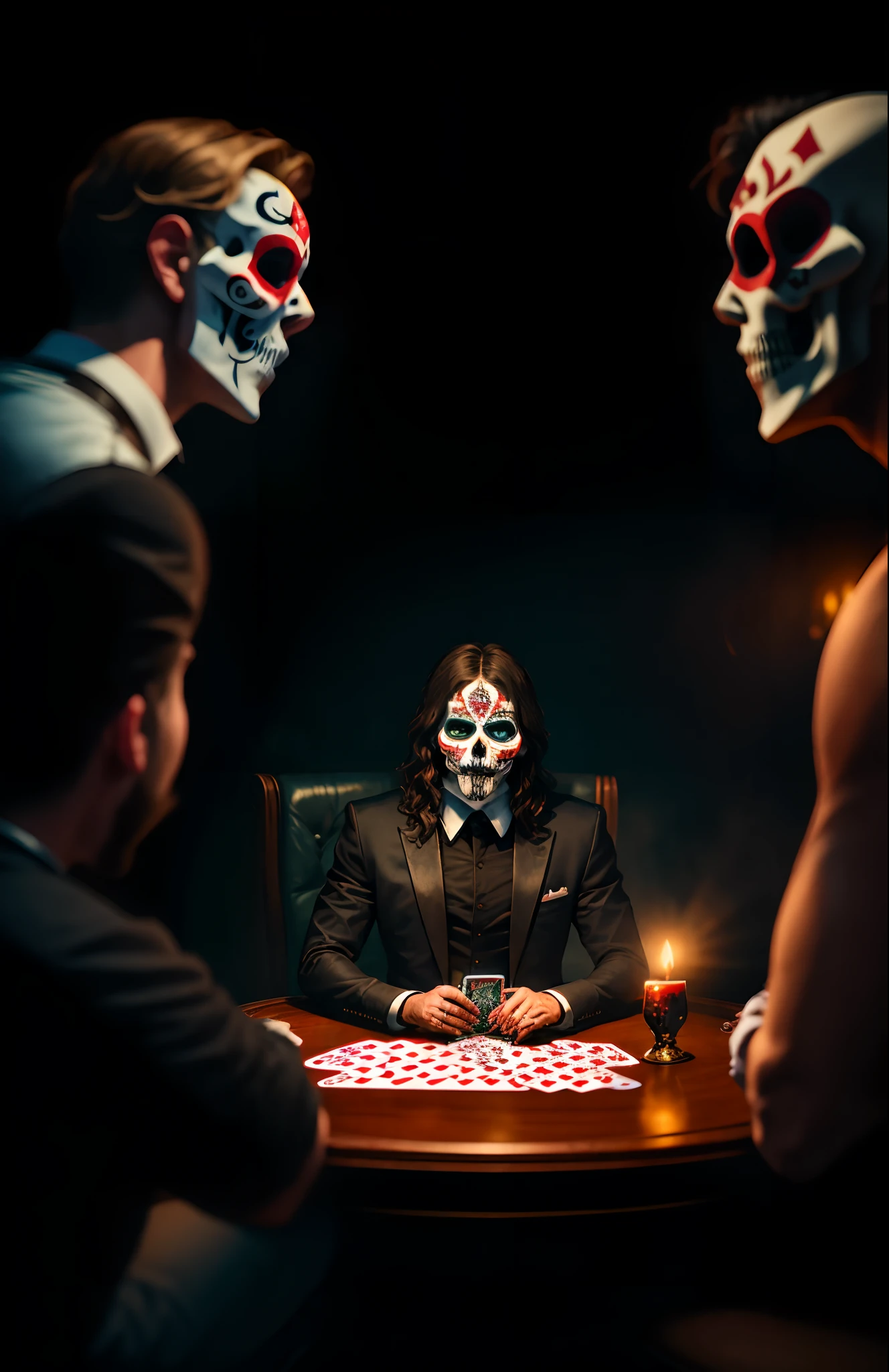 Jesus playing cards with devil in a club, in tijuana during los muertos, realistic style, 4k, shooting with canon