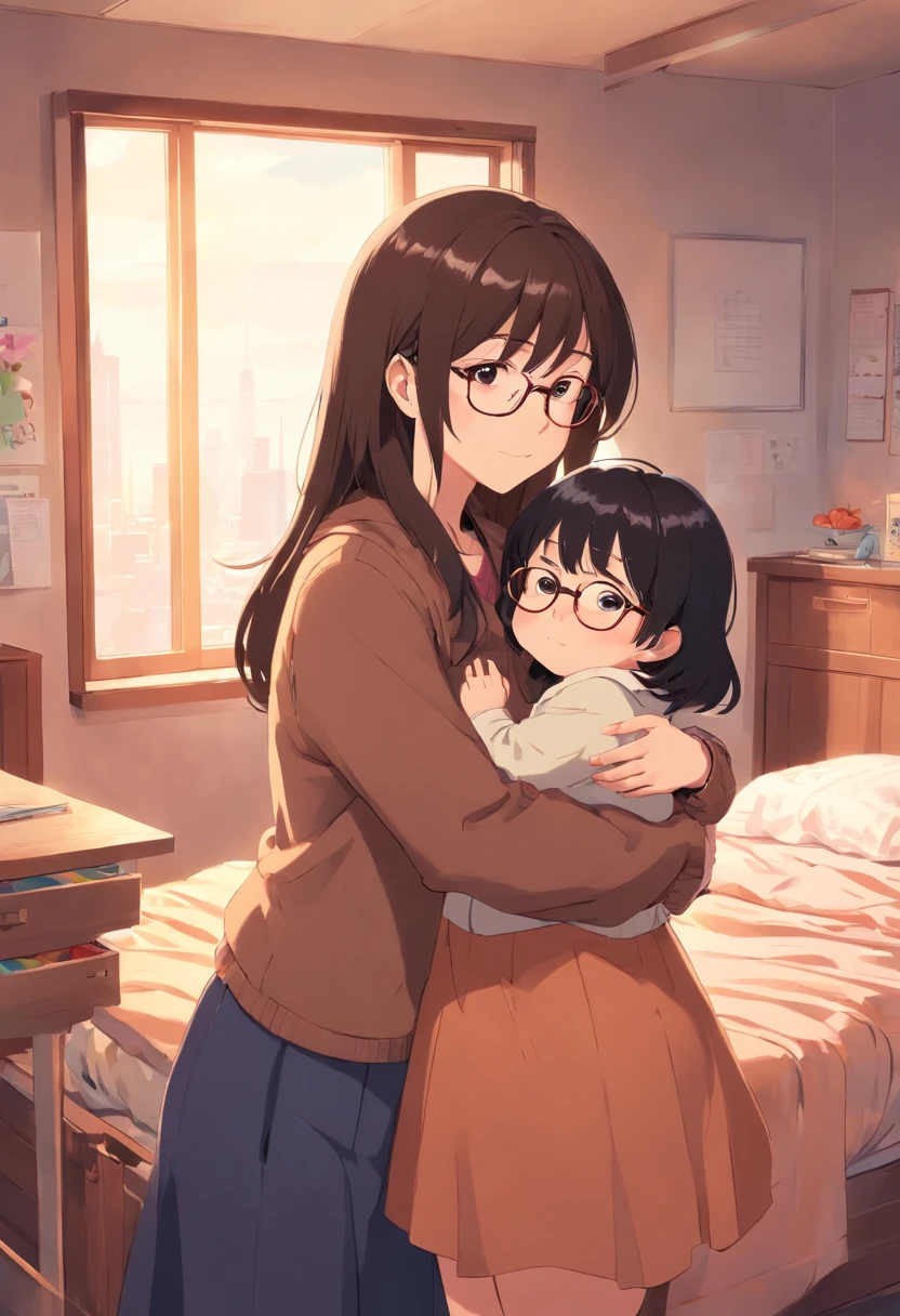 mother young, Glasses, Brown hair, Bangs, Brown clothes, Hugging baby girl, Long Black Hair, Bangs, Newborn clothing, childs room