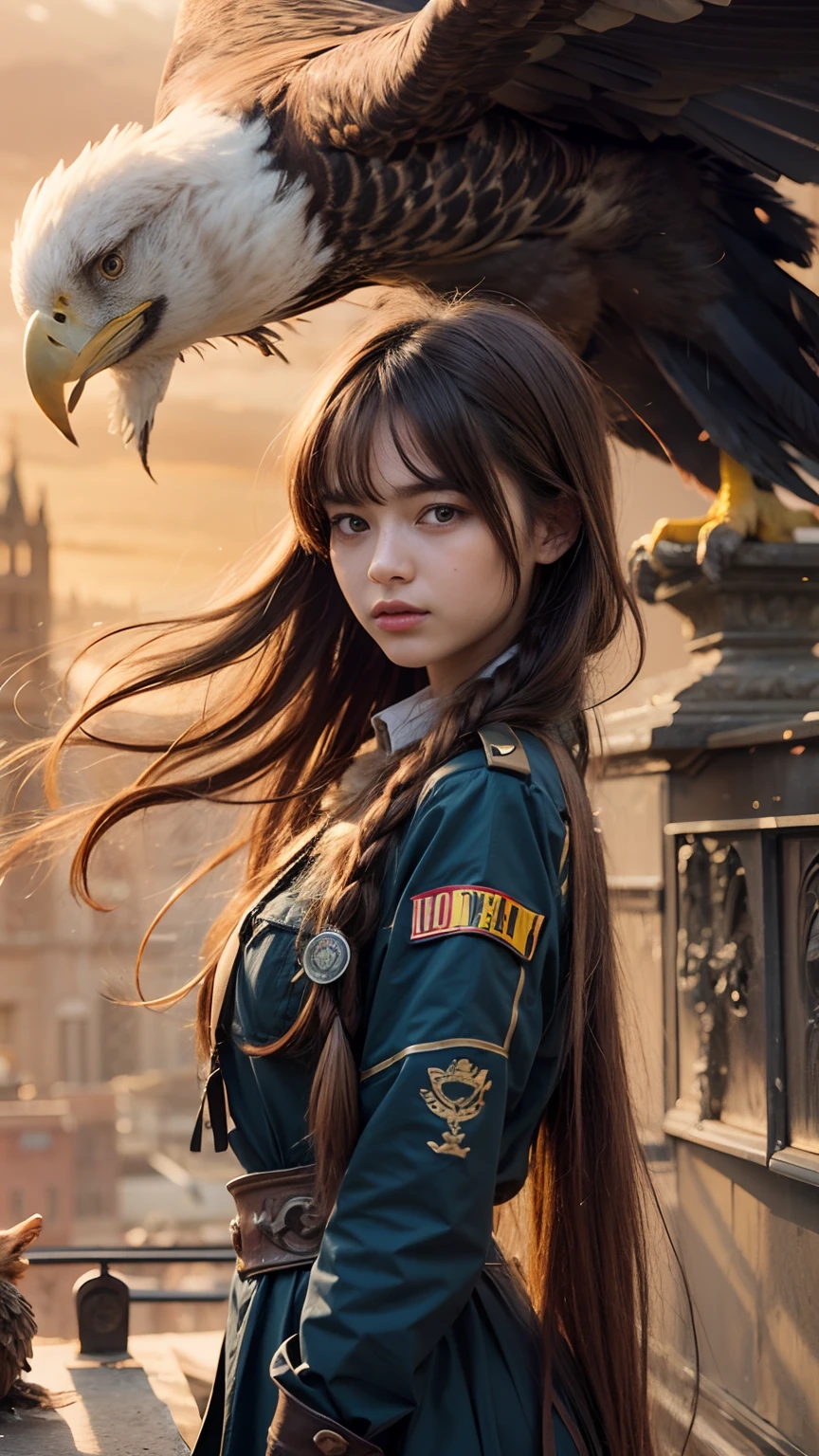 Girl with long brown hair standing with eagle on her shoulder