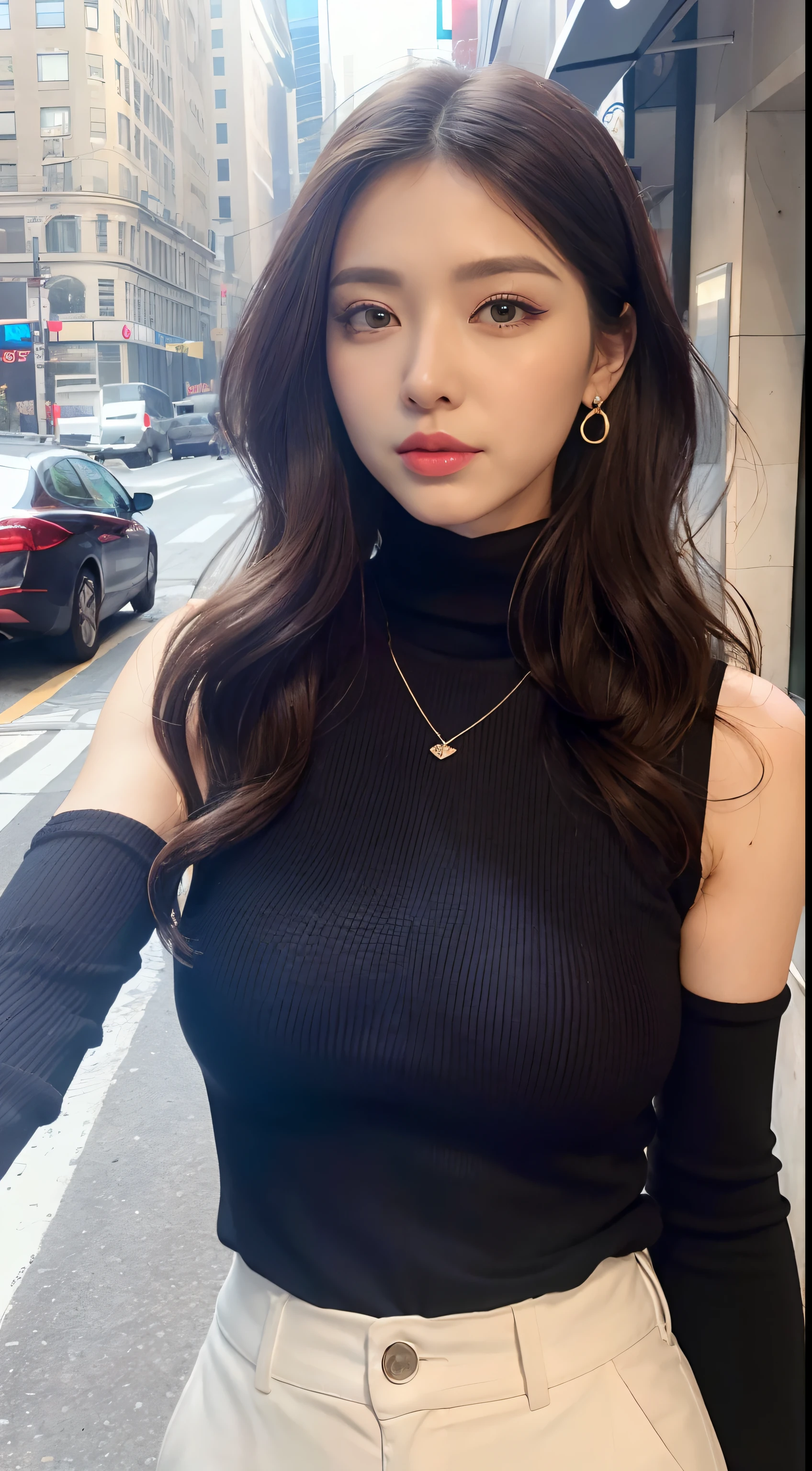 (masterpiece, best quality), beautiful woman, detailed sleeveless turtleneck top, pants, necklace, wavy hair, perfect face, beautiful face, alluring, big gorgeous eyes, happy, perfect slim fit body, (outdoor), city streets, new york, bright colors