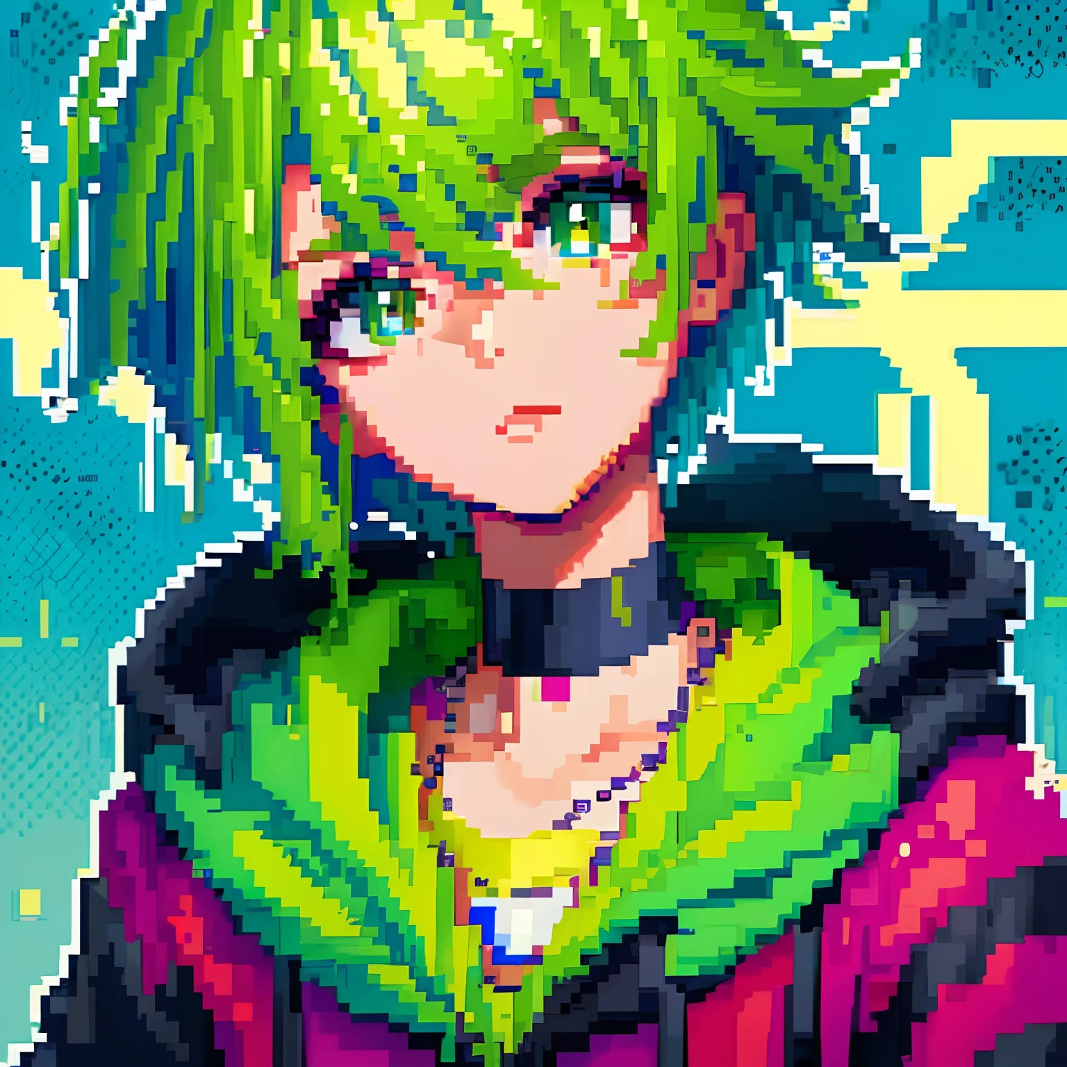 ((Pixel art style)), Pix, 4-bit pixel art, One boy closes, only face, green colored hair, Green eyes, choker necklace,wide々and Parker,Black hoodie, Pixel Official Art, absurd res, view the viewer, solofocus, Dynamic Angle, Head tilt, , Ultrafine pixel art