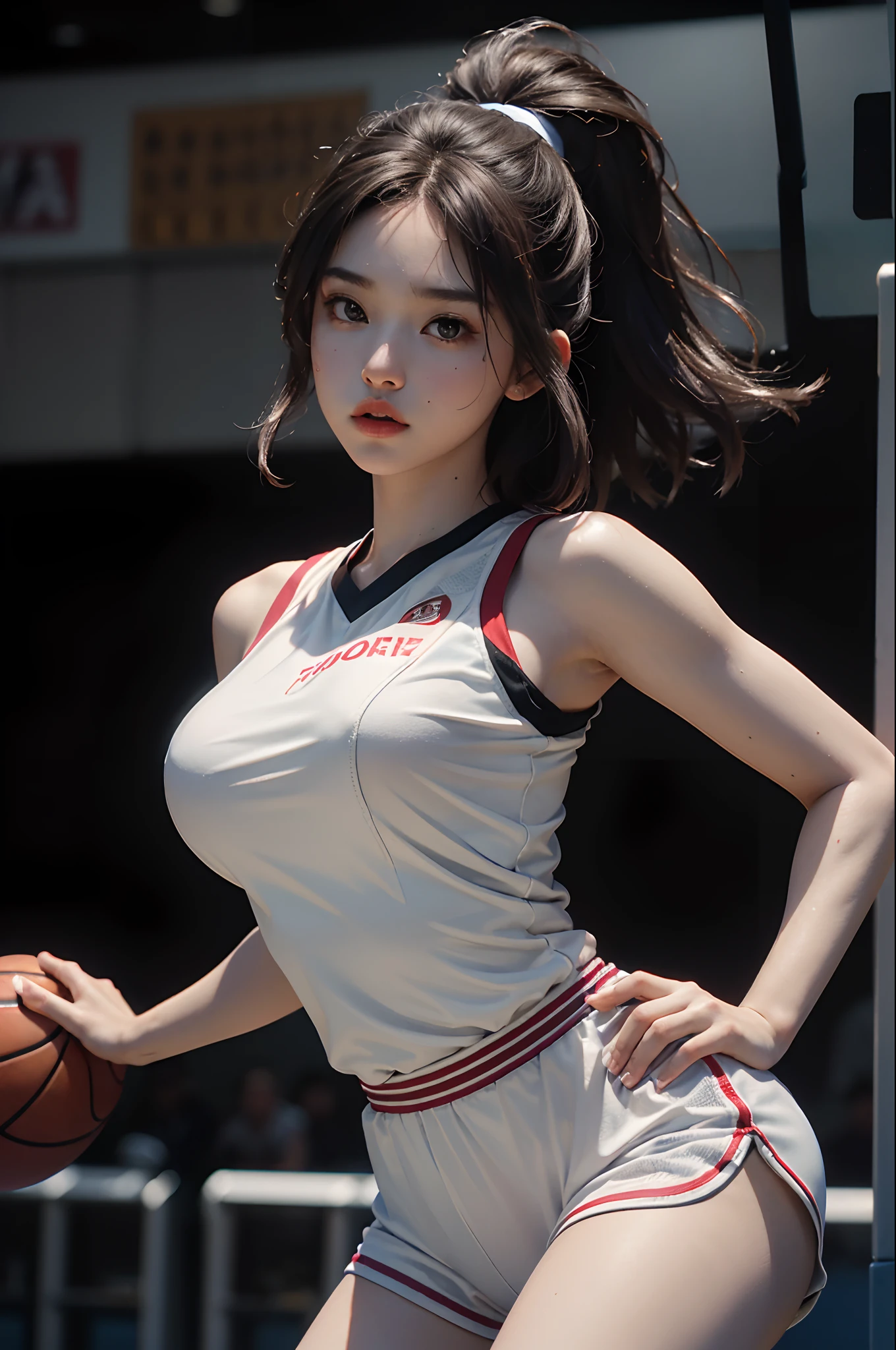 (RAW photo, 4k, masterpiece, high resolution, extremely complex) (realistic: 1.4), cinematic lighting Delicate girl with facial features
1 Girl, Single Focus, Summer Noon, Hot, 1990s\(Style\), White Skin, Big Breasts, Shorts, Sweat, (Best Quality), (Highres), (An Extremely Delicate and Beautiful),,(Beautiful 8k Face),(Brown Eyes),(ulzzang-6500:1.0),(Solo,(looking side),(spectators),(large breasts),(NBA),bent over,,lookside,(side), ,(Basketball sportswear),((Play basketball)),((gymnasium)),((speed)),(reality),