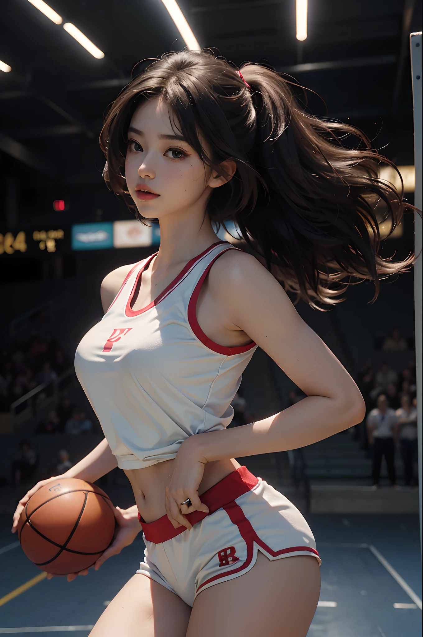 (RAW photo, 4k, masterpiece, high resolution, extremely complex) (realistic: 1.4), cinematic lighting Delicate girl with facial features
1 Girl, Single Focus, Summer Noon, Hot, 1990s\(Style\), White Skin, Big Breasts, Shorts, Sweat, (Best Quality), (Highres), (An Extremely Delicate and Beautiful),,(Beautiful 8k Face),(Brown Eyes),(ulzzang-6500:1.0),(Solo,(looking side),(spectators),(large breasts),(NBA),bent over,,lookside,(side), ,(Basketball sportswear),((Play basketball)),((gymnasium)),((speed)),(reality),