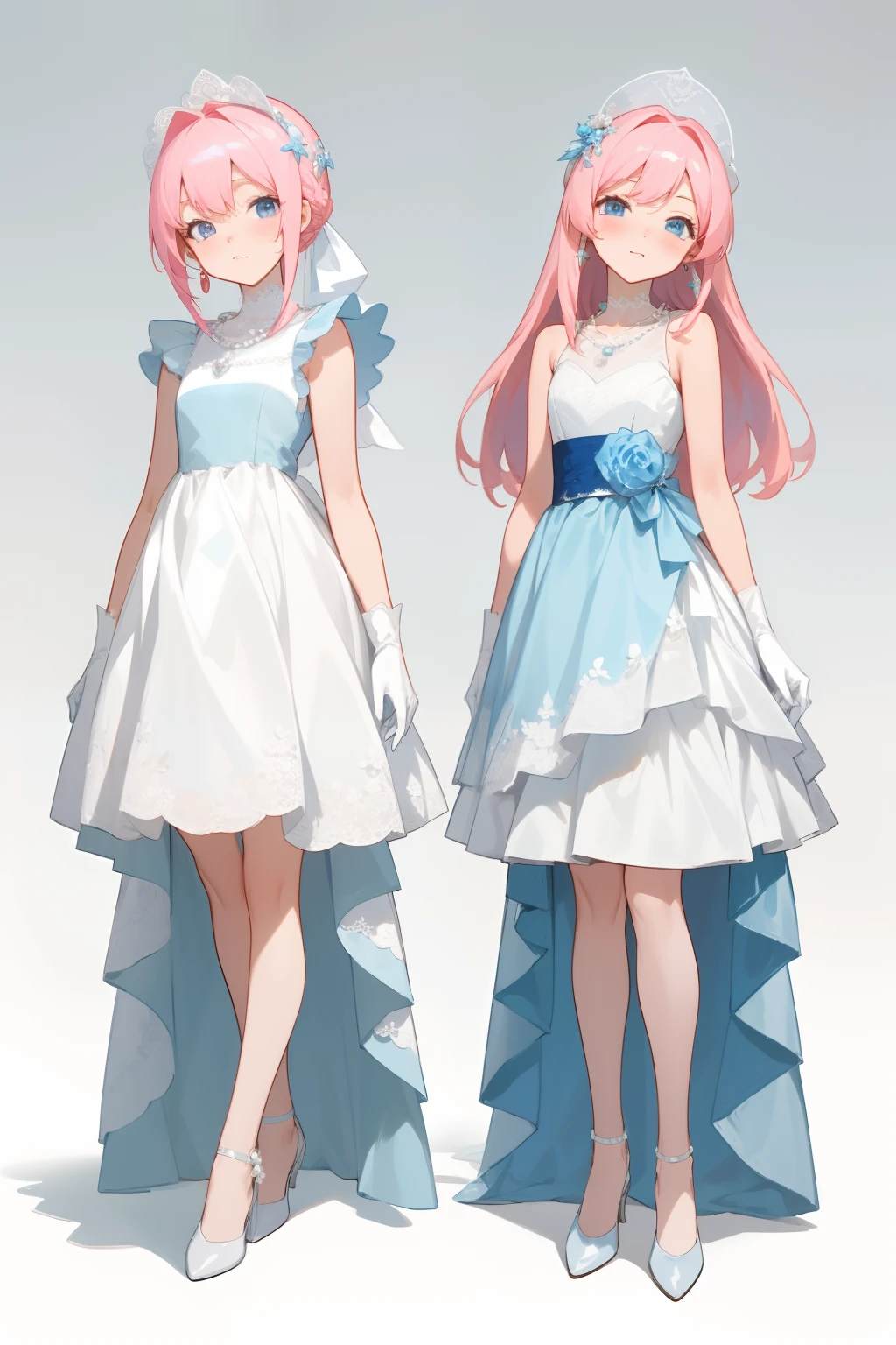 tmasterpiece:1.6,best qualtiy:1.4,Live image:1.2,complexdetails:1.2,Charturnerv2:1.2,1. Lady full body role change, allure:chiquita:1.25,being thin:1.3,Light blue eyes,mediuml breasts,finely-detailed eyes,Quality eyes, garments:whtie sleeveless dress,White gloves accessory,Pearl earrings、White lace necklace、Small flowers in hair、 the hair:Pink hair,long whitr hair,dual horsetail, putting makeup on:naturey,Glossy glossy skin, (Single background,white backgrounid:1.3),multiple views,Multiple views of the same character in the same costume:1.3。