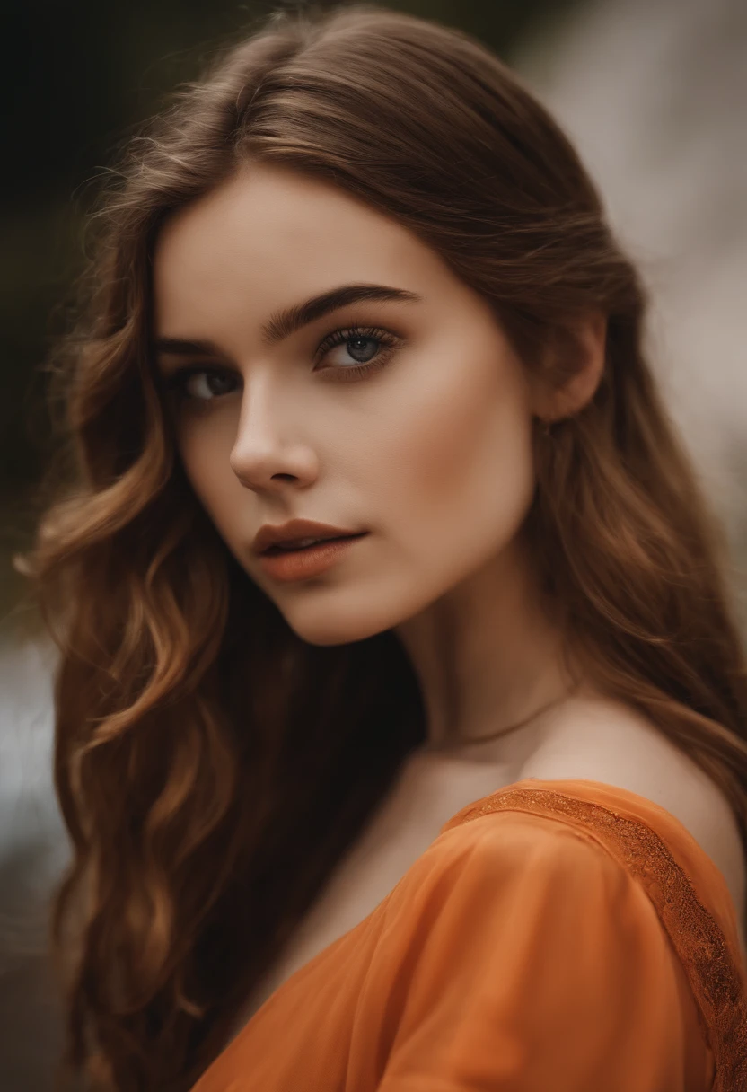 girl, front portrait, orange, very messy shoulder length hair, extremely cute eyes, watery eyes, shining eyes, facing front, sensual accessories,sensual style, crop top, confident gaze, monochrome color scheme, front-facing, sensual fashion, feminine medium chest, feminine, head,((a person)),Hairpin, pfp