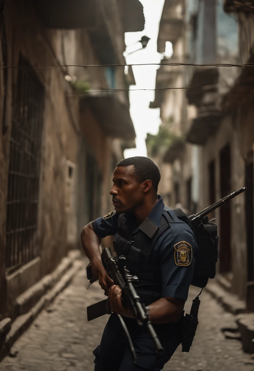Amidst the narrow alleys of a Rio de Janeiro community, an Afro-Brazilian police officer, 1.80 meters tall, bald, with a lean physique and pronounced African features, is in the heat of a gunfight. Clad in a long-sleeved dark gray uniform and armed with a rifle, he takes aim at a lawbreaker positioned just meters away. The atmosphere is electric, with the sounds of gunfire echoing off the walls of the favela, which is under the shadow of a notorious criminal gang. Medium: Photography. Style: Ultra-realistic, capturing the adrenaline and urgency of the moment. Lighting: Intermittent shadows cast by the favela structures, with sunlight glinting off the officer's rifle. Colors: A mix of the dark gray of the officer's uniform and the rich, varied colors of the community buildings. Composition: Captured with a Canon EOS 5D Mark IV DSLR camera, EF 50mm f/1.8 STM lens, Resolution 30.4 megapixels, ISO sensitivity: 640, Shutter speed 1/400 second, focusing on the officer's intense gaze and the rapid motion of the scene. --ar 16:9 --v 5.1 --style raw --q 2 --s 750