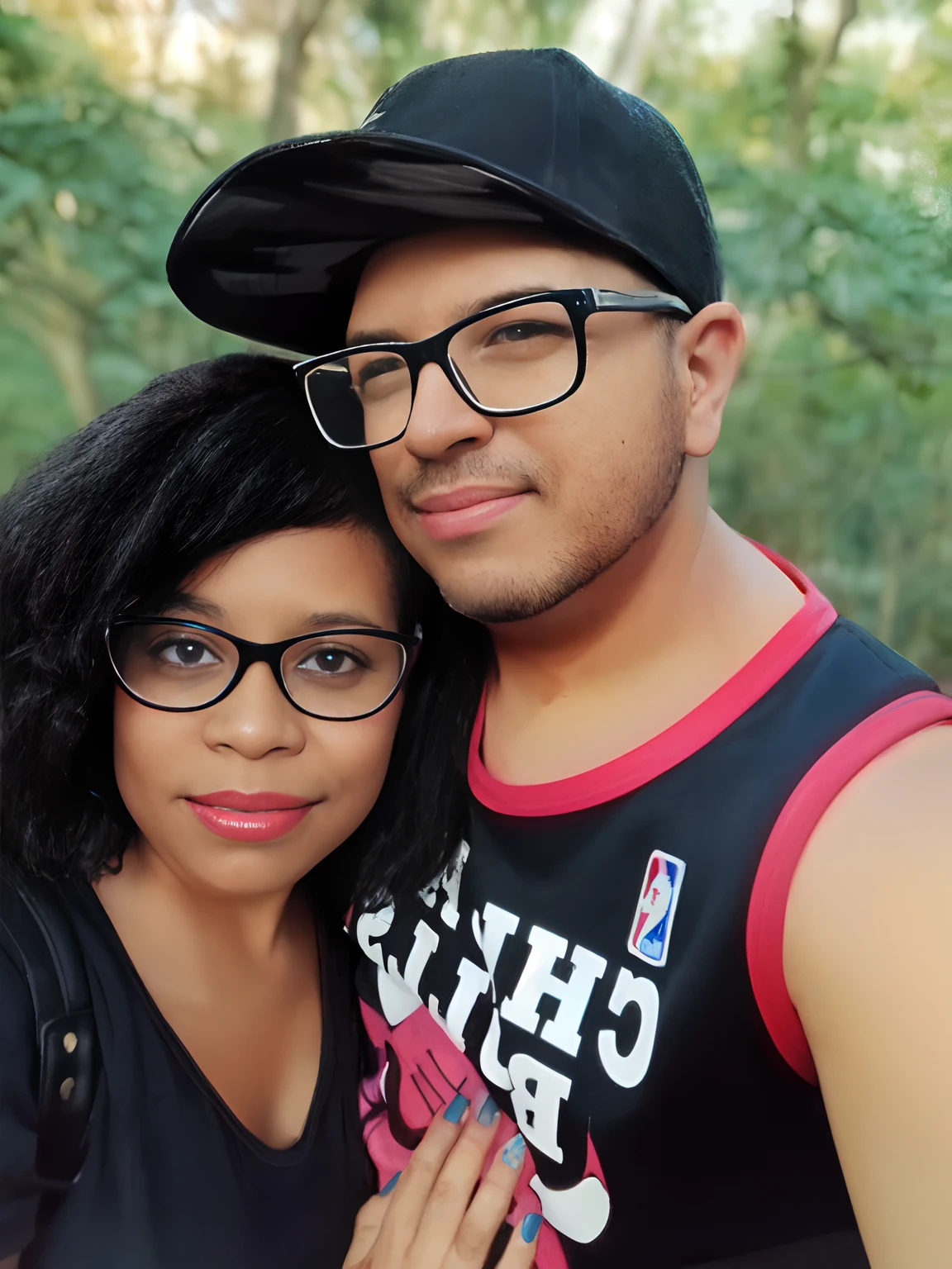 there is a man and woman posing for a picture together, profile picture, couples portrait, profile image, profile photo, couple portrait, portrait of two people, taken in the early 2020s, headshot profile picture, lovely couple, momma and papa, against the backdrop of trees, with nerdy! glasses! and goatee, photo shoot, couple, vacation photo