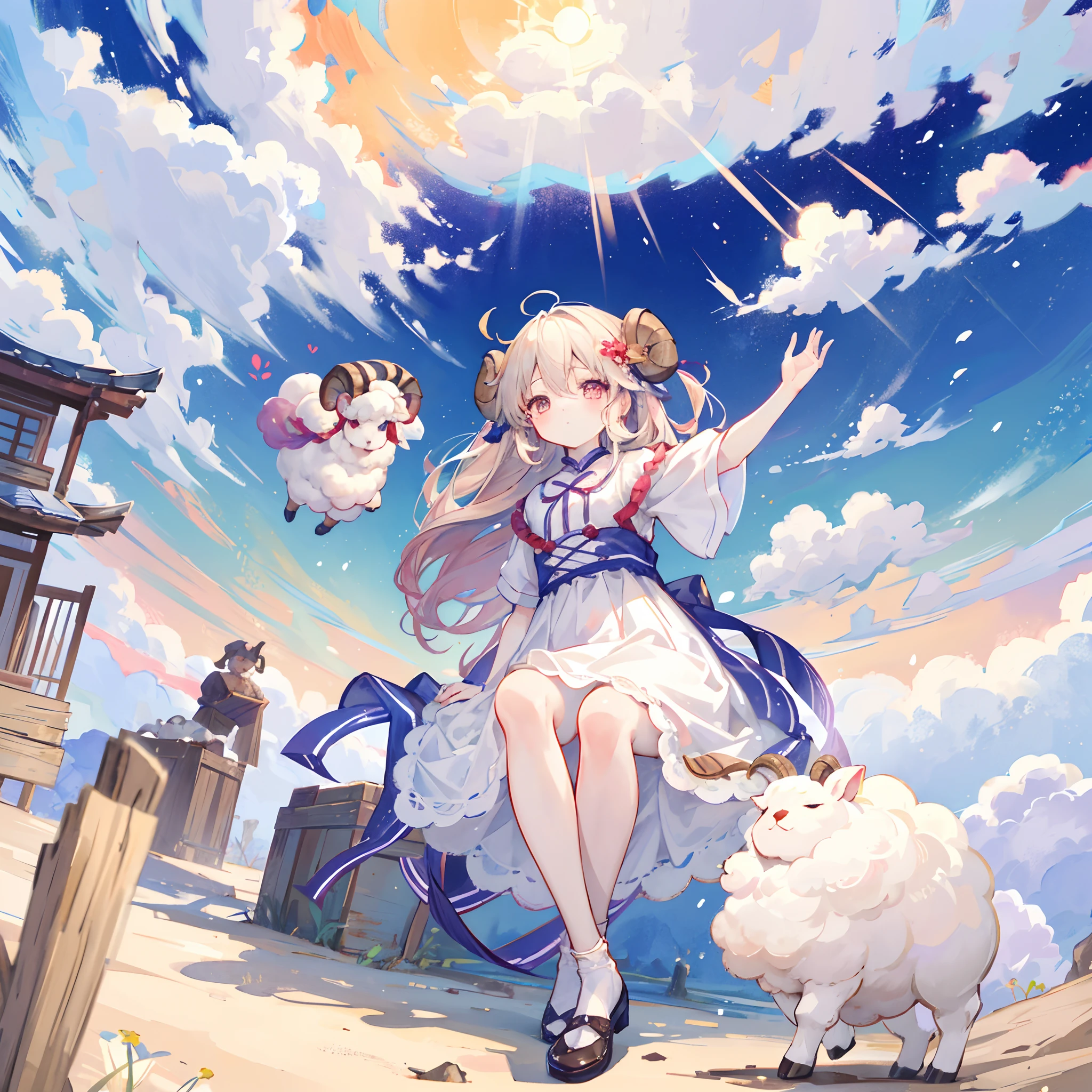 there are three sheeps that are jumping in the air, 中 元 节, soft and warm, [ [ soft ] ], soft coloring, art cover, lamb and goat fused as one, 🪔 🎨;🌞🌄, lofi, soft color, 千 葉 雄 大, soft and fluffy, soft clouds