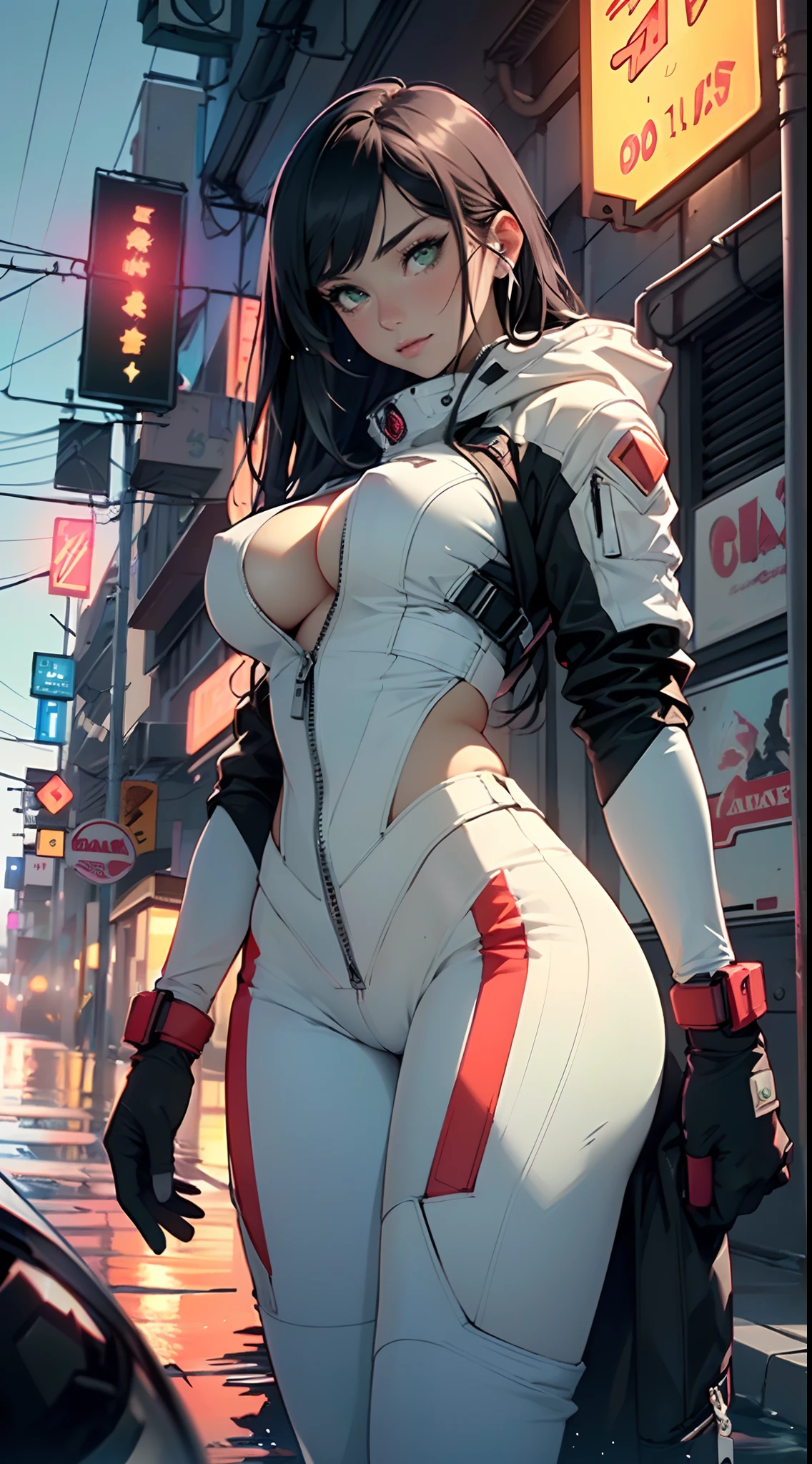 girl spacepunk,(((1girl))),((beautiful girl with spacesuit)),woman,1female,((milf,mom,mature,mature woman,45 years old female,adult)),

(large breasts:1.4),saggy breasts,(((dark brown hair:1.4,straight hair,long hair:1.4,white lights in hair:1.3,colored inner hair))),(((green_eyes:1.3))),intricate eyes,beautiful detailed eyes,symmetrical eyes,((fat)),(((lustrous skin:1.5,bright skin: 1.5,skin tanned,shiny skin,very shiny skin,shiny body,plastic glitter skin,exaggerated shiny skin,illuminated skin,wet legs))),(spider lower abdomen,narrow waist,wide hip,imbo body,inflated legs,detailed body,(detailed face)),

cute,slutty,seductive,erotic,(((nsfw))),

revealing clothing,show skin,((underboob:1.5)),(cleavage),((space suit outfit, green space suit,short sleeve spacesuit)),(wearing a space suit outfit:1.3,space suit clothes),((zipper suit, zipper slightly unzipped))),((wet clothes,intricate outfit,intricate clothes)),

(dynamic pose:1.0),solo focus,embarrassed,(centered,scale to fit dimensions,Rule of thirds),

cyberpunk city by the ocean at night, with bright neon signs and dark stormy clouds and puddles, scenery:1.25,

artistic photography,(photography taken by sldr),highres, sharp focus, (ultra detailed, extremely detailed), (photorealistic artwork:1.37),(extremely detailed CG unity 8k wallpaper),((synthwave background theme)),(((vibrant colors))),(intricate background),(masterpiece),(best quality),