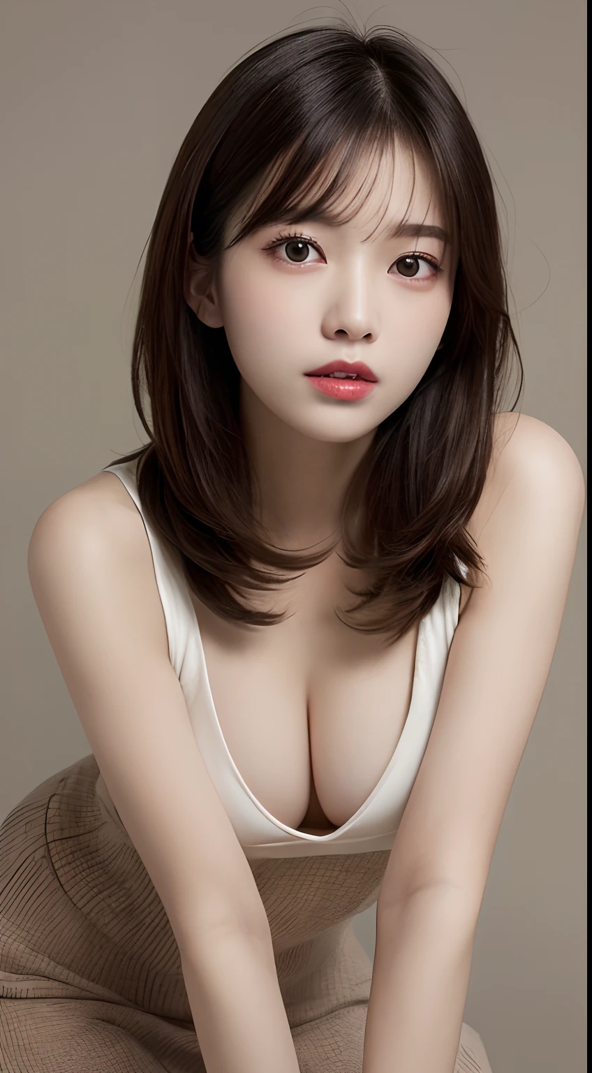 finely detail, hight resolution, hightquality、Perfect dynamic composition, Beautiful detailed eyes, Medium Hair, small tits、Natural Color Lip,Kamimei、Shibuya、20 years girl、1 persons、Transparent skin、Glowing hair、masutepiece, Best Quality, Illustration, Ultra-detailed, finely detail, hight resolution, 8K、The correct state of the human body、Crouch down、pretty pose,dishevled hair,beauty legs,Perfect beautiful face,KPOP Idol Face