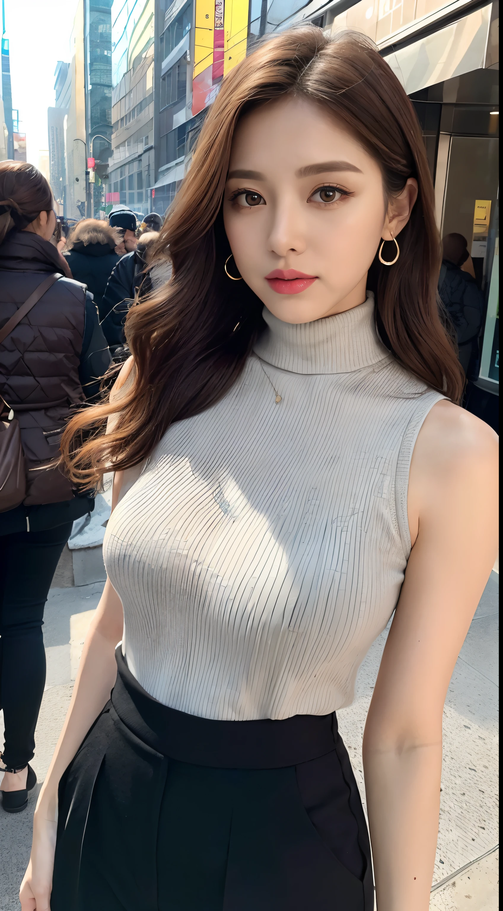 (masterpiece, best quality), beautiful woman, detailed sleeveless turtleneck top, pants, necklace, wavy hair, perfect face, beautiful face, alluring, big gorgeous eyes, happy, perfect slim fit body, (outdoor), city streets, new york, bright colors