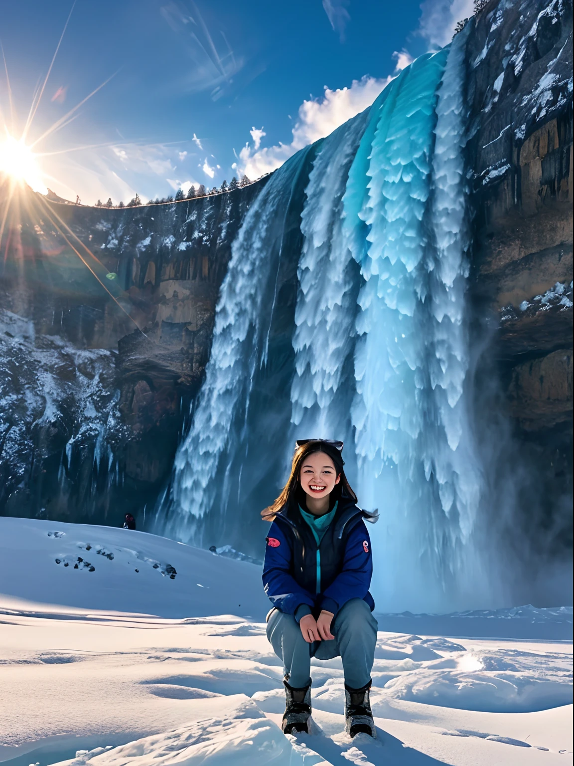 hyper realisitc,At the foot of the mountain,1 Smiling girl , Above Knees,See the ice waterfall,Humanoid cloud, Ray traching, hyper HD, tmasterpiece, super detailing, best qualtiy, 8K