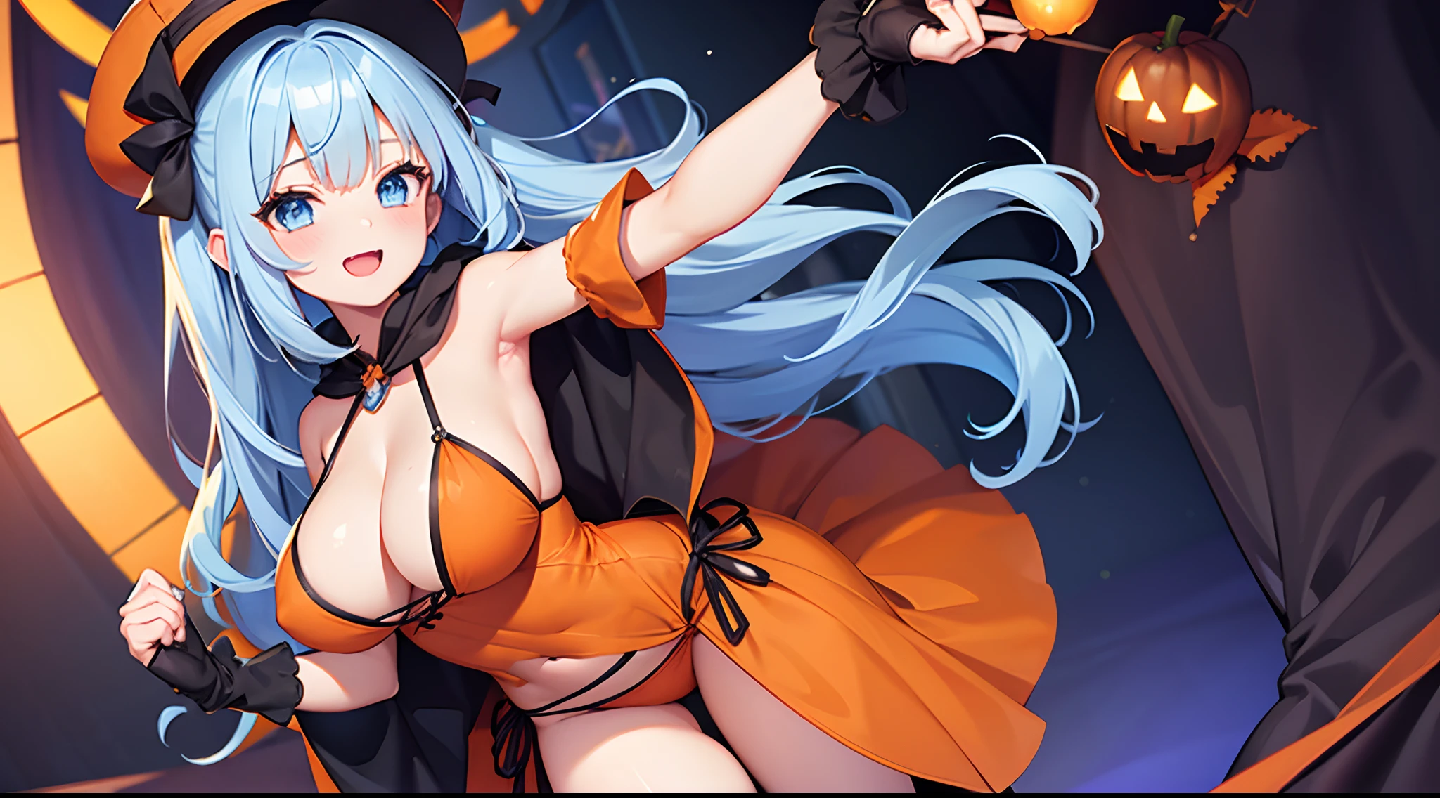 1 girl, game CG, 1 girl, game CG, orange mini dress, visible cleavage, visible shoulders, visible navel, black witch hat, cloak, orange panties, string hair ribbon, gigantic breasts, light blue hair, middle hair, two side up, blue eyes, indoors, Halloween background, smile, open mouth,