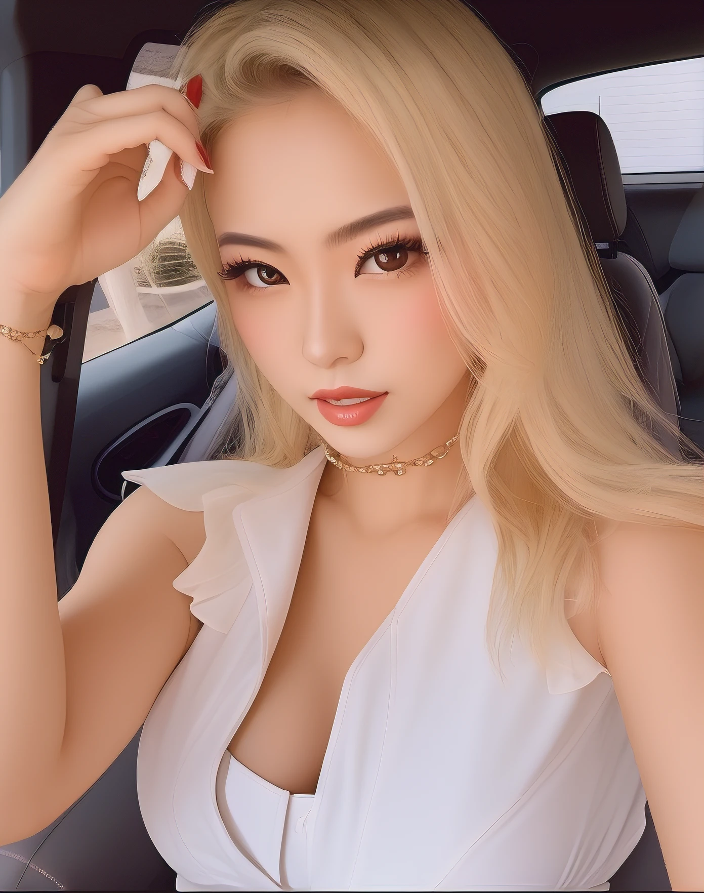 Blonde Chinese woman in white dress sitting in car，hand on the head,  seductress, Large of breast,  Fleshy lips, undress, nouveau, thermography, surrealist, prettify, 8K, futuristas