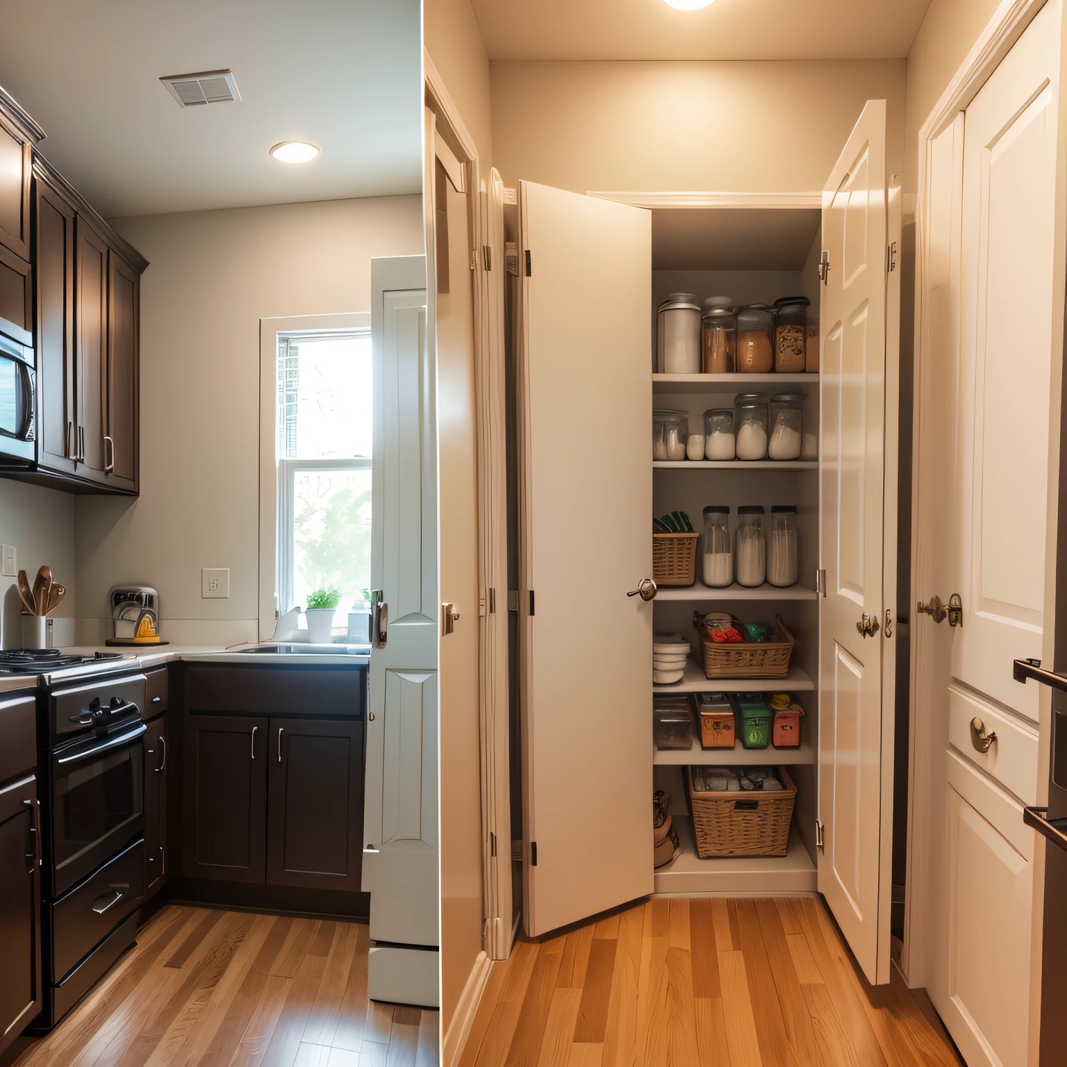 before and after clean kitchen with ORGANIZED PANTRY