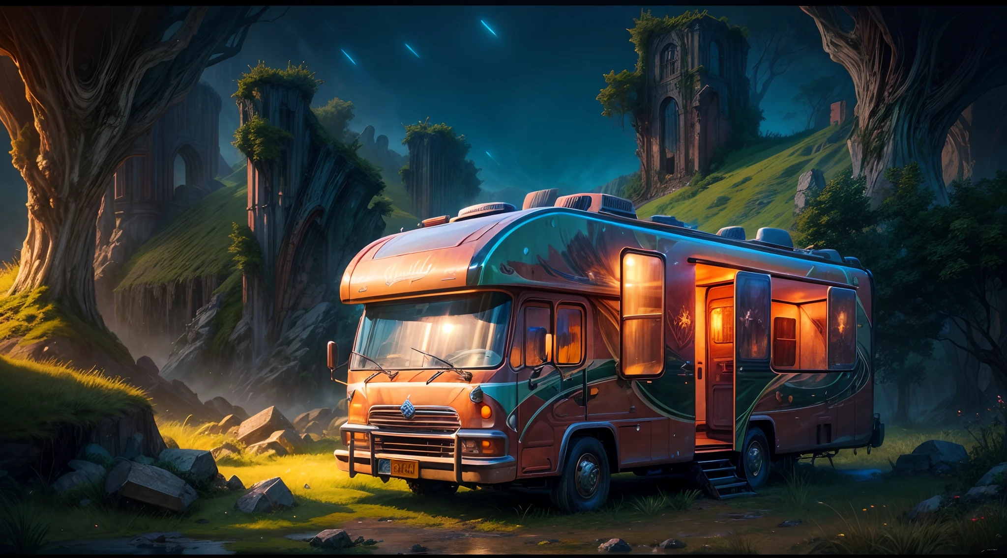 masterpiece, concept art, fantasy theme, (fantasy RV vehicle:1.2), cozy, camping, vibrant color, fantasy mythical ancient ruins background, volumetric lighting, global illumination, reflection, HD,