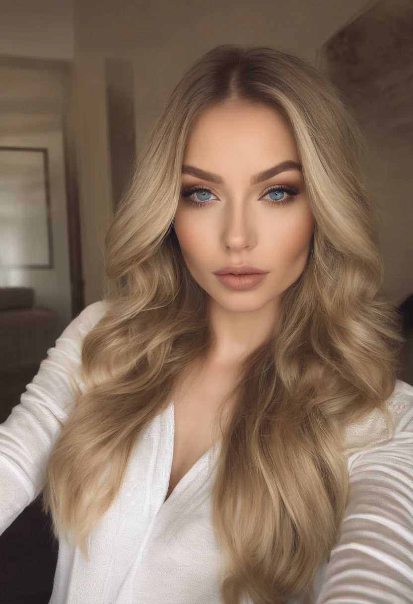 Woman, Sexy girl with blue eyes, portrait sophie mudd, portrait corinna kopf, blonde hair and large eyes, Selfie einer jungen Frau, Augen im Schlafzimmer, Violet Myers, ohne Make-up, Natural makeup, Blick direkt in die Kamera, Gesicht mit Artgram, dezentes Make-up, Stunning full body shot, im Schlafzimmer, Spaltung underwear, selfie , mouth closed