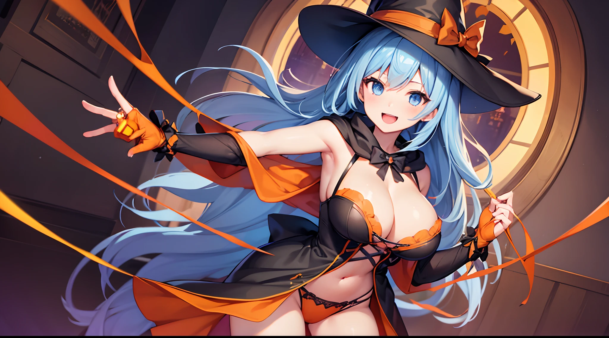 1 girl, game CG, 1 girl, game CG, orange mini dress, visible cleavage, visible shoulders, visible navel, black witch hat, cloak, orange panties, string hair ribbon, gigantic breasts, light blue hair, middle hair, two side up, blue eyes, indoors, Halloween background, smile, open mouth,