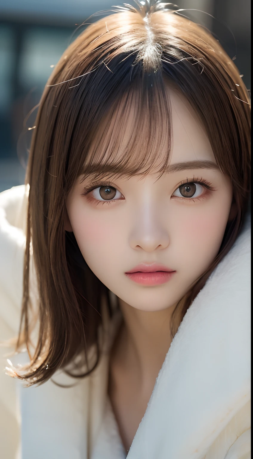 finely detail, hight resolution, hightquality、Perfect dynamic composition, Beautiful detailed eyes, Medium Hair, small tits、Natural Color Lip,Kamimei、Shibuya、20 years girl、1 persons、Transparent skin、Glowing hair、masutepiece, Best Quality, Illustration, Ultra-detailed, finely detail, hight resolution, 8K、The correct state of the human body、Crouch down、pretty pose,dishevled hair,beauty legs,Perfect beautiful face,KPOP Idol Face