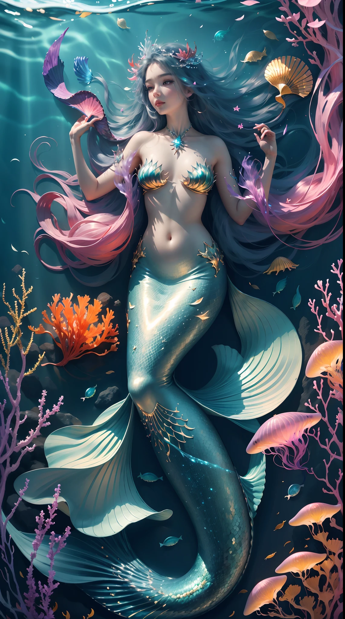 Best quality,A high resolution,Masterpiece:1.2,Vast seabed,(depth of fields),(Elegant mermaid),long and flowing hair,Ethereal beauty,peacful,tropical fishes,Floating jellyfish,Colorful coral reefs,Diverse marine life。Vibrant colors,dreamlike lighting.