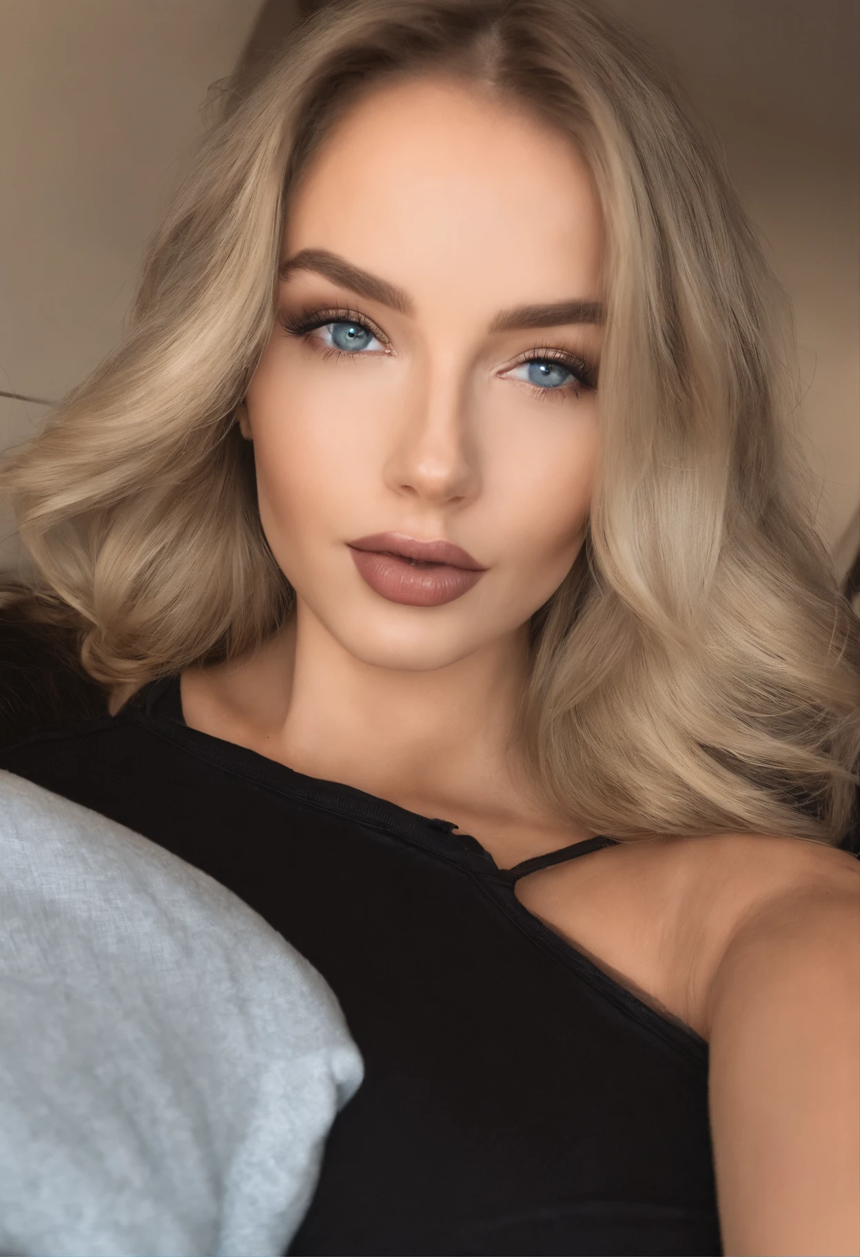 Woman, Sexy girl with blue eyes, portrait sophie mudd, portrait corinna kopf, blonde hair and large eyes, Selfie einer jungen Frau, Augen im Schlafzimmer, Violet Myers, ohne Make-up, Natural makeup, Blick direkt in die Kamera, Gesicht mit Artgram, dezentes Make-up, Stunning full body shot, im Schlafzimmer, Spaltung underwear, selfie , mouth closed