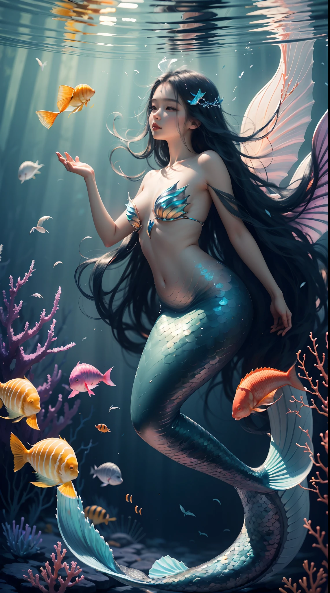 Best quality,A high resolution,Masterpiece:1.2,Vast seabed,(depth of fields),(Elegant mermaid),long and flowing hair,Ethereal beauty,peacful,tropical fishes,Floating jellyfish,Colorful coral reefs,Diverse marine life。Vibrant colors,dreamlike lighting.