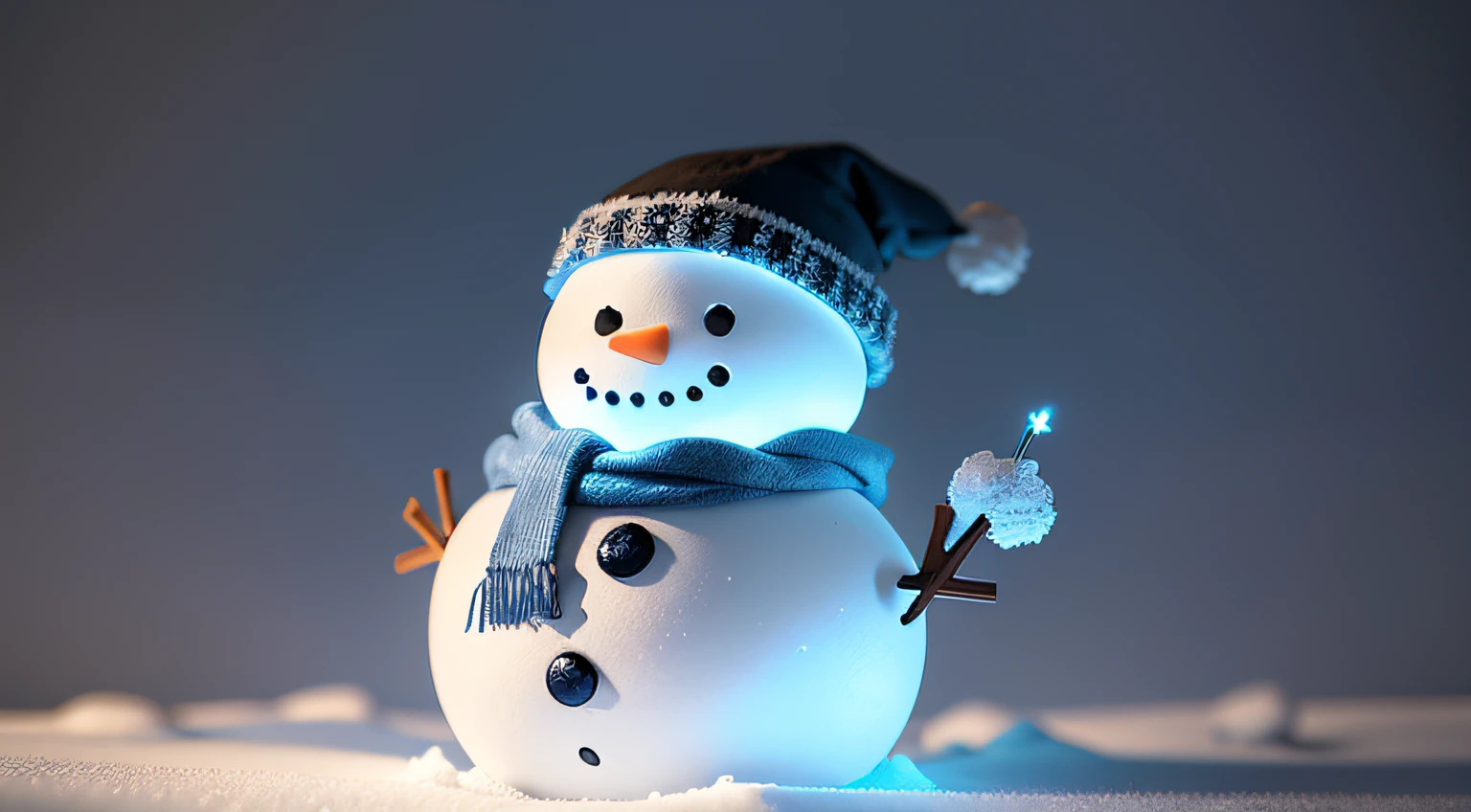 A snowman hacker stands in a snowy landscape under the moonlight. The snowman's eyes are glowing with a blue light, and its carrot nose is illuminated with a soft orange hue. It wears a black hat with a green circuit board design, symbolizing its hacking skills. The snowman's arms are made of tree branches, and it holds a laptop with a screen displaying lines of code representing its coding expertise. The snow around the snowman is pristine white, with sparkling snowflakes gently falling from the sky. The overall image has a high quality and resolution, emphasizing on the intricate details of the snowman and the surrounding snow-covered environment. The color palette is cool and muted, with shades of blue and white dominating the scene. The lighting is dim yet focused on illuminating the snowman, giving it a mysterious and intriguing vibe.
