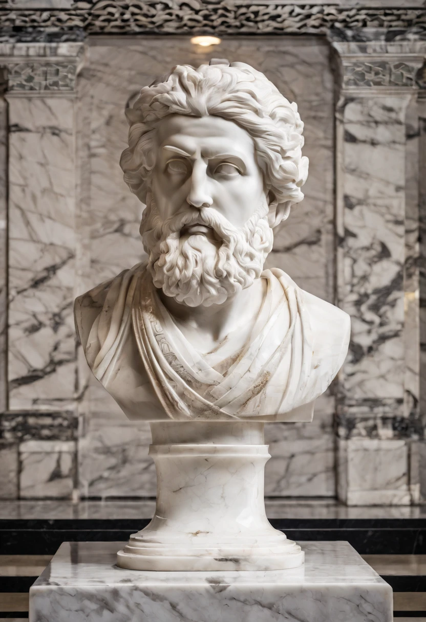 White marble statue of the bust of the wise man with the style of the bearded Greek philosopher in the museum. atmosfera escura, alto contraste de luz e sombra, fotografia profissional, utrarealista, light volumetric, cinemactic