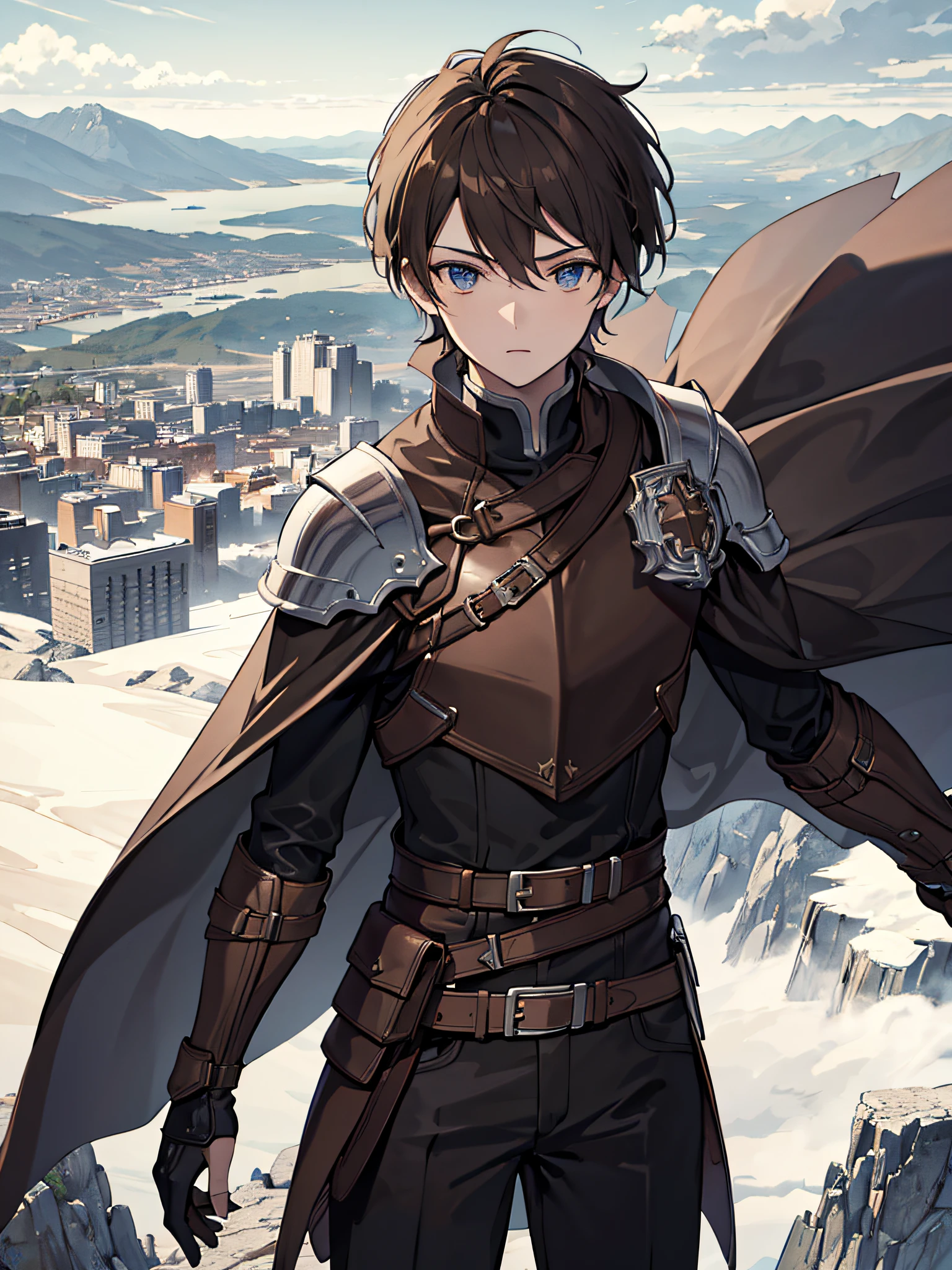 masterpiece, absurdres, 1boy, solo, brown hair, leather armor, wearing cape, monochrome, line drawing, on top of mountain, city view background