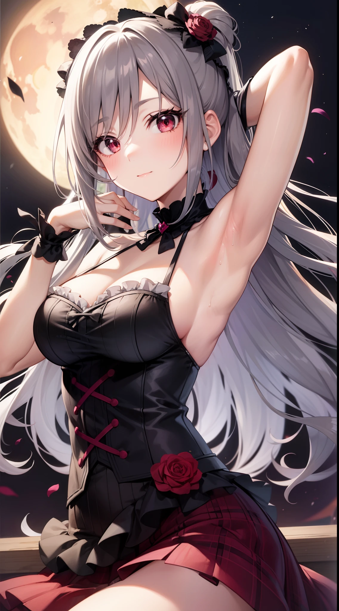 1girl,gray hair,Ranko Kanzaki,shoulder,armpit,Gothic ta,red moon