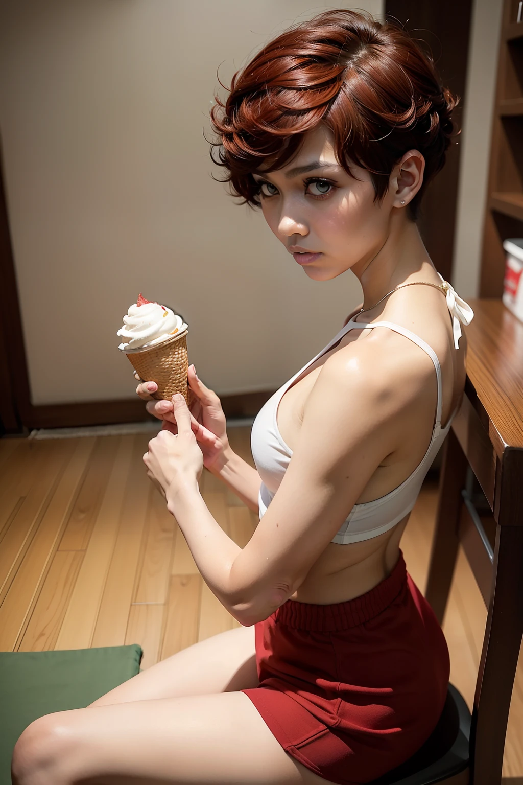 there is a malay woman with a red top and a red miniskirt, short white hair and large eyes, androgynous face, with short hair, curly pixie hair, curly pixie cut hair, headshot of young female furry, halfbody headshot, green hair and large eyes, around 19 years old, androgynous person, profile image, small lips pointy nose, realistic body structure, draws a picture of a girl dropping her ice cream on the floor, showing some adult body lines, sitting on chair with legs crossed