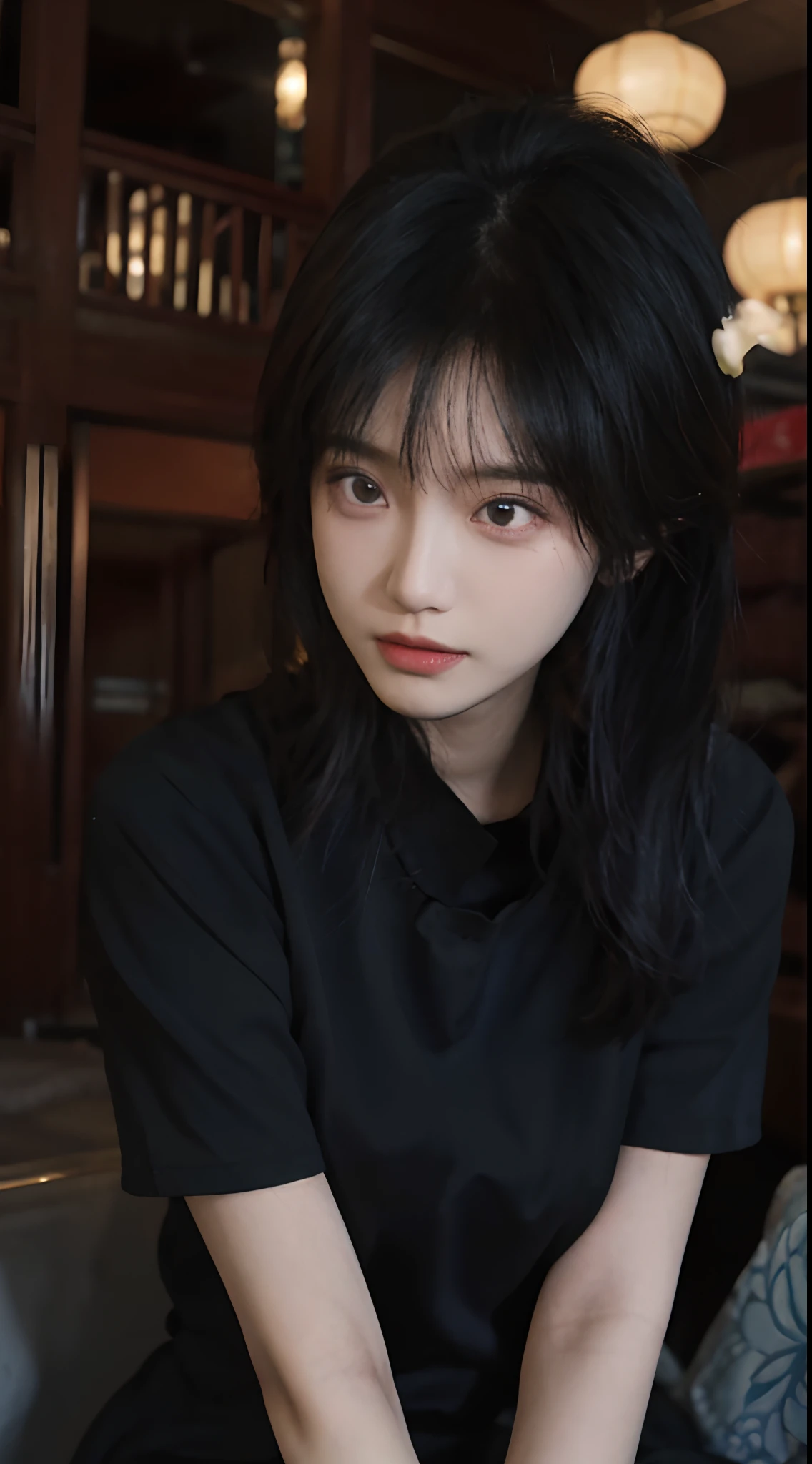 best qualtiy,tmasterpiece,超高分辨率,(realisticlying:1.4),a close up of a woman with long black hair wearing a black dress, Cai Xukun, gorgeous chinese models, Gorgeous young Korean woman, beautiful Korean women, yanjun cheng, xintong chen, ruan jia beautiful!, Beautiful young Korean woman,