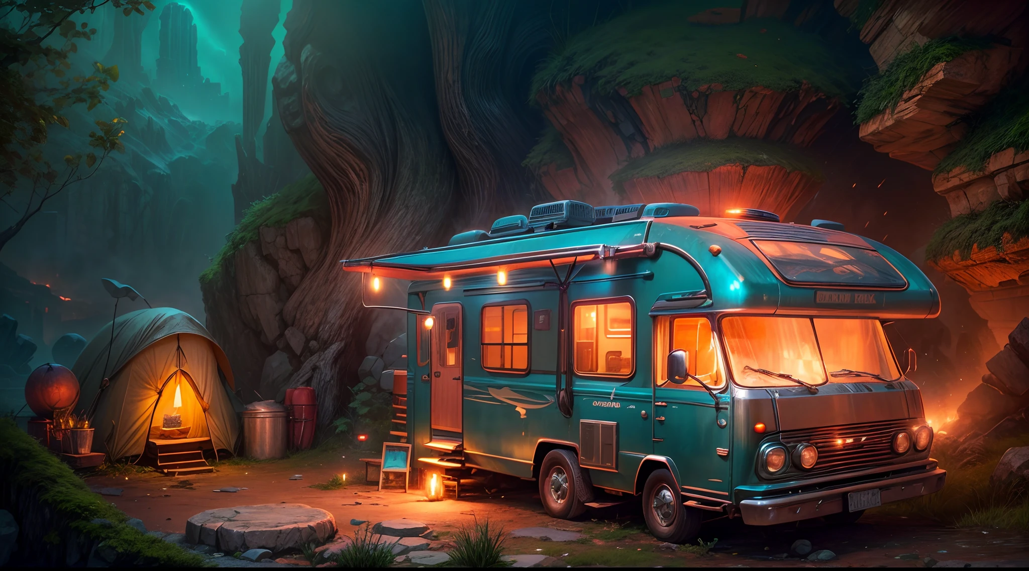 masterpiece, concept art, fantasy theme, (fantasy RV vehicle:1.2), cozy, camping, vibrant color, fantasy mythical ancient ruins background, volumetric lighting, global illumination, reflection, HD,