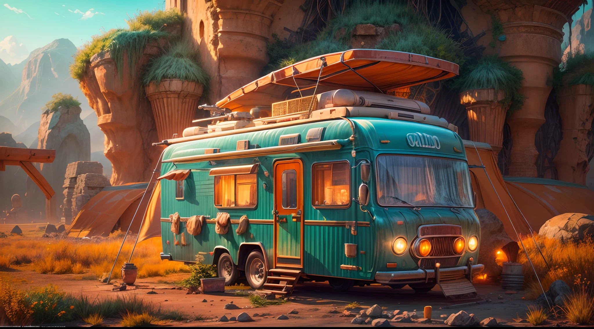 masterpiece, concept art, fantasy theme, (fantasy RV vehicle:1.2), cozy, camping, vibrant color, fantasy mythical ancient ruins background, volumetric lighting, global illumination, reflection, HD,