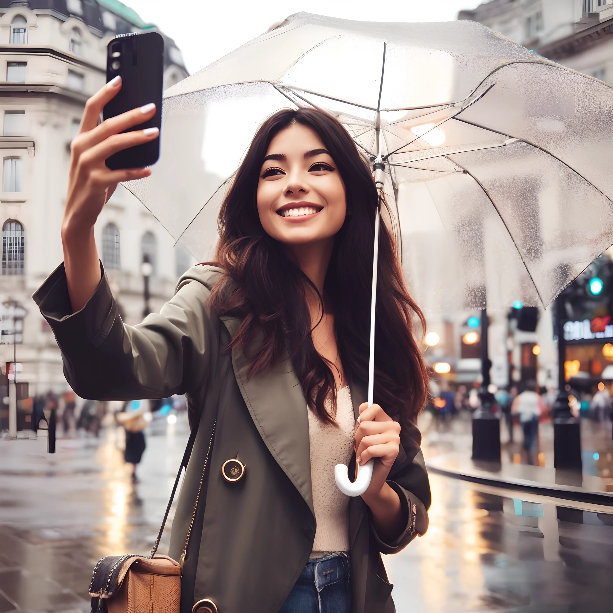 Photo of woman with umbrella taking a photo of a city street with a cell phone, in piccadilly circus Standing in piccadilly circus, Standing in piccadilly circus, in the square of time, Square of Time, In the middle of Montreal, square of weather, In Montreal, In Montreal ,piccadilly circus rainy , Take a photo, take selfies, take a selfie, Image, street photo, Montreal aesthetic, Montreal architecture.