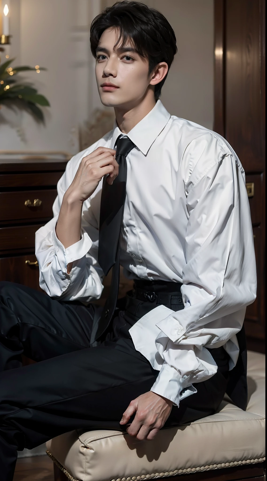 1boys，short detailed hair，white long sleeve shirt，black necktie，Wear formal attire，Lower suit pants，Wear handmade Italian custom leather shoes，A state of relaxation and laziness，Overbearing president，best qualtiy，（Realiy，Foto realism：1.4），tmasterpiece， Extremely Delicately Beautiful，extremely higly detailed，2k wallpaper，astounding，finedetail，extremely detaild的 CG unified 8k wallpapers，Super meticulous，A high resolution，the soft light，Handsome boy，extremely detailed eyes ancface，Beautiful detailed nose，Handsome and delicate eyes ,In a dimly lit room，The room was simply decorated，looks into camera