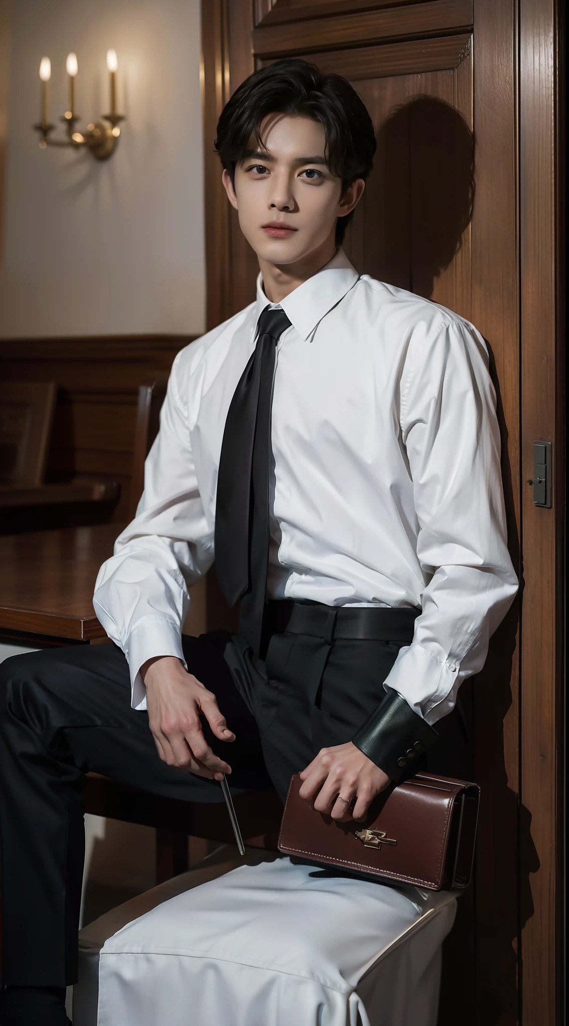 1boys,short detailed hair,white long sleeve shirt,black necktie,Wear formal attire,Lower suit pants,Wear handmade Italian custom leather shoes,A state of relaxation and laziness,Overbearing president,best qualtiy,(Realiy,Foto realism:1.4),tmasterpiece, Extremely Delicately Beautiful,extremely higly detailed,2k wallpaper,astounding,finedetail,extremely detaild的 CG unified 8k wallpapers,Super meticulous,A high resolution,the soft light,Handsome boy,extremely detailed eyes ancface,Beautiful detailed nose,Handsome and delicate eyes ,In a dimly lit room,The room was simply decorated,looks into camera
