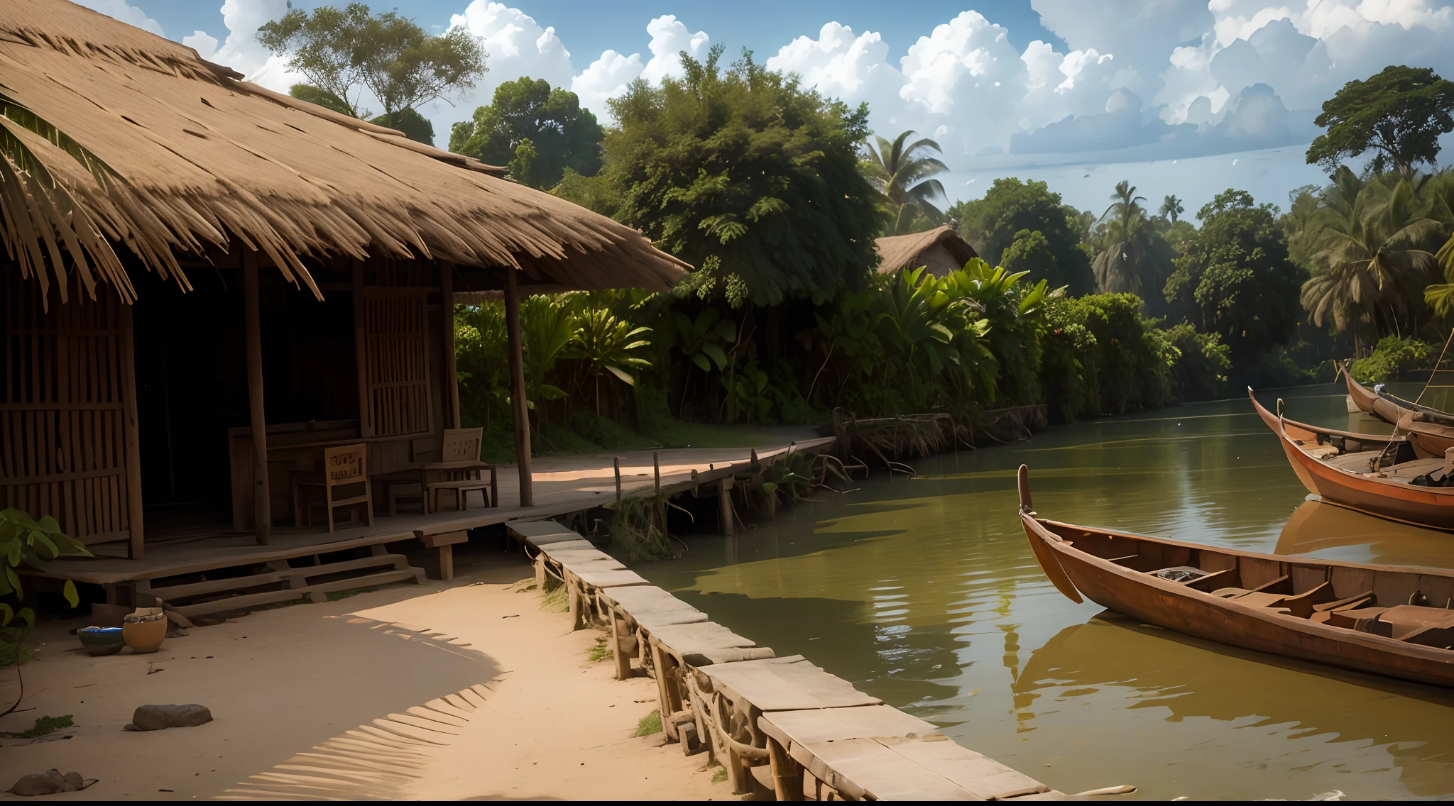 West Africa, daytime, wooden dock, Gulf of Guinea, trunk, stones, open space, goods, fabrics, background is rain forest, Senegal, Abidjan, 15th century, ancient, medieval, barbarian, primitive culture, grass roof, grass wall, no man no girl ,no woman, no boy, no people, no human ,wallpaper